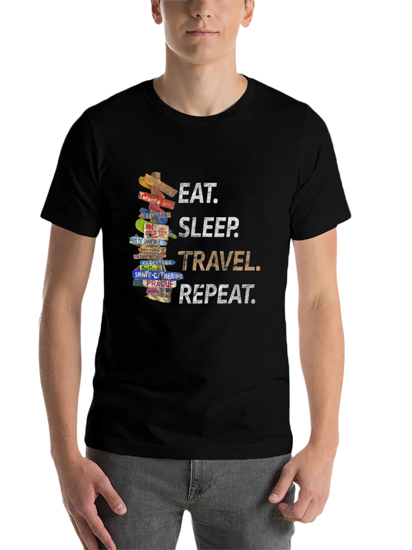 Black Eat Sleep Travel Repeat T-Shirt - Wanderlust Tee view 7