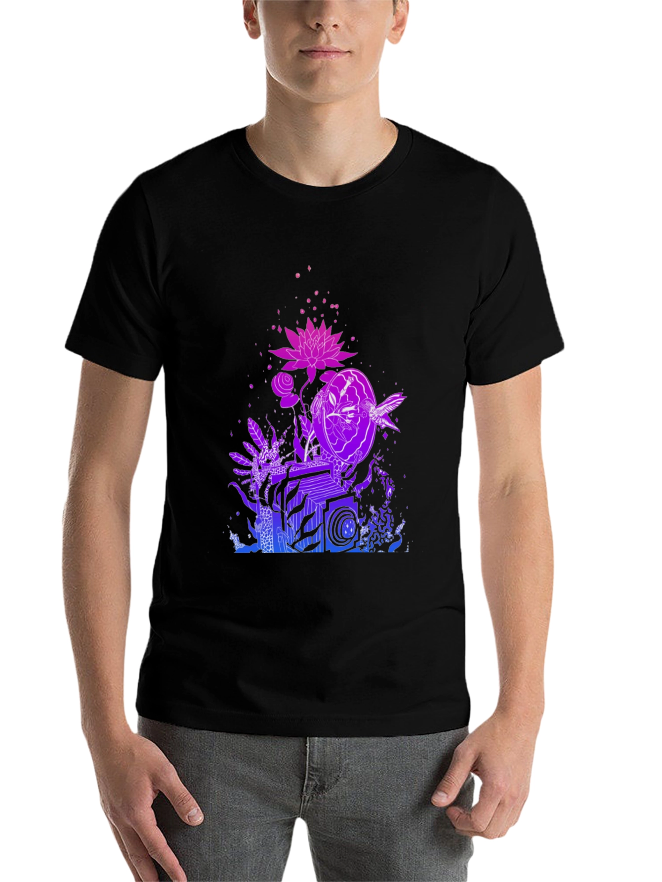Black Vaporwave Botanical Graphic Tee - Black Cotton Blend view 7