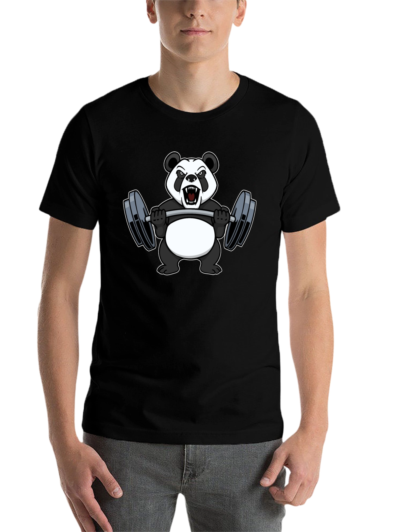 Black Panda Lifting Weights Graphic Tee - Black Cotton T-Shirt view 7