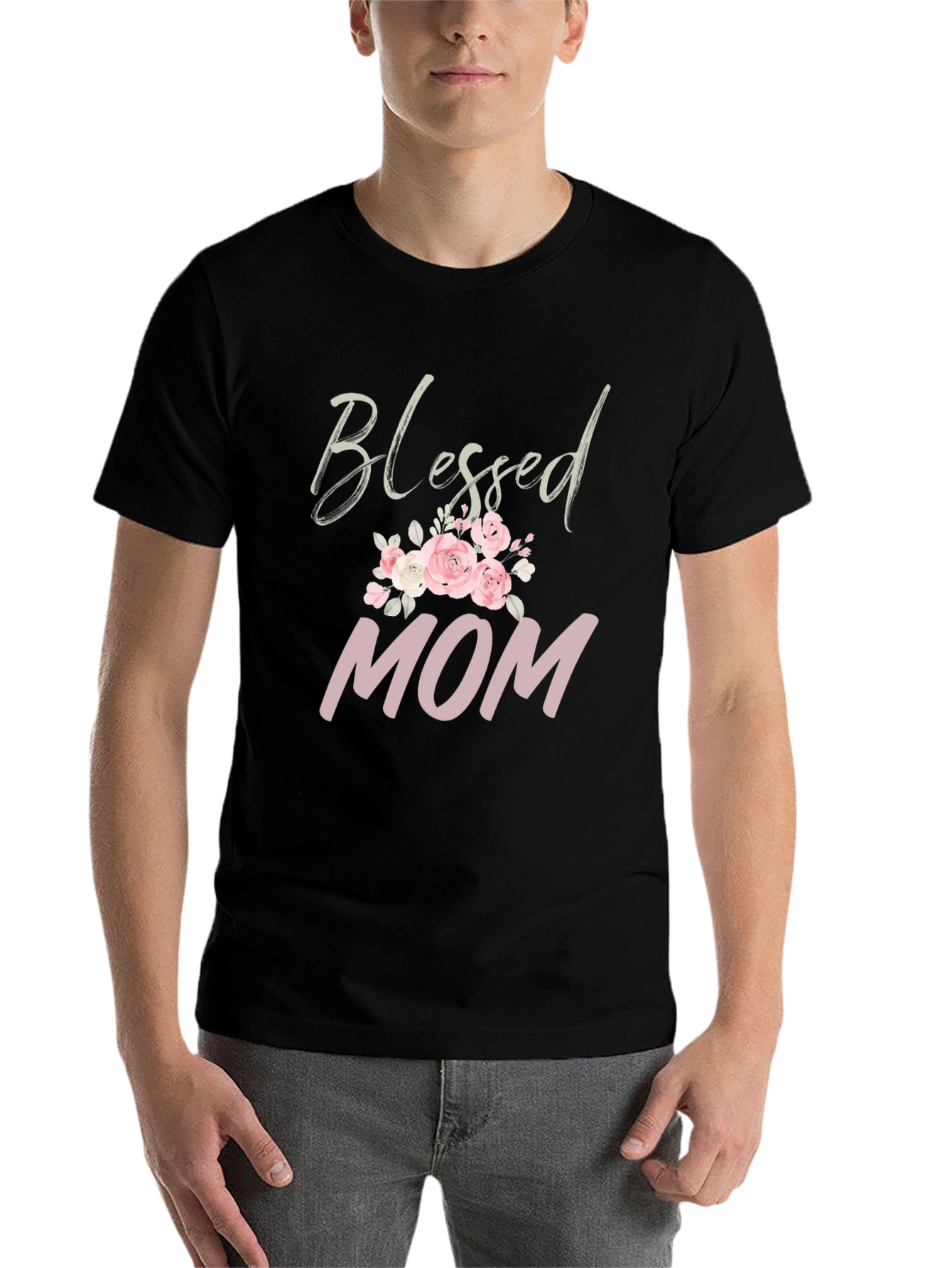 Black Blessed Mom Floral Graphic T-Shirt view 7