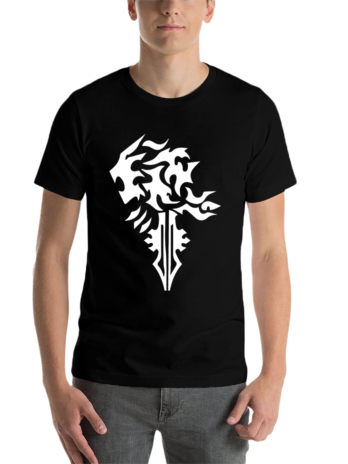 Black Black T-Shirt with Abstract Lion & Sword Design view 7