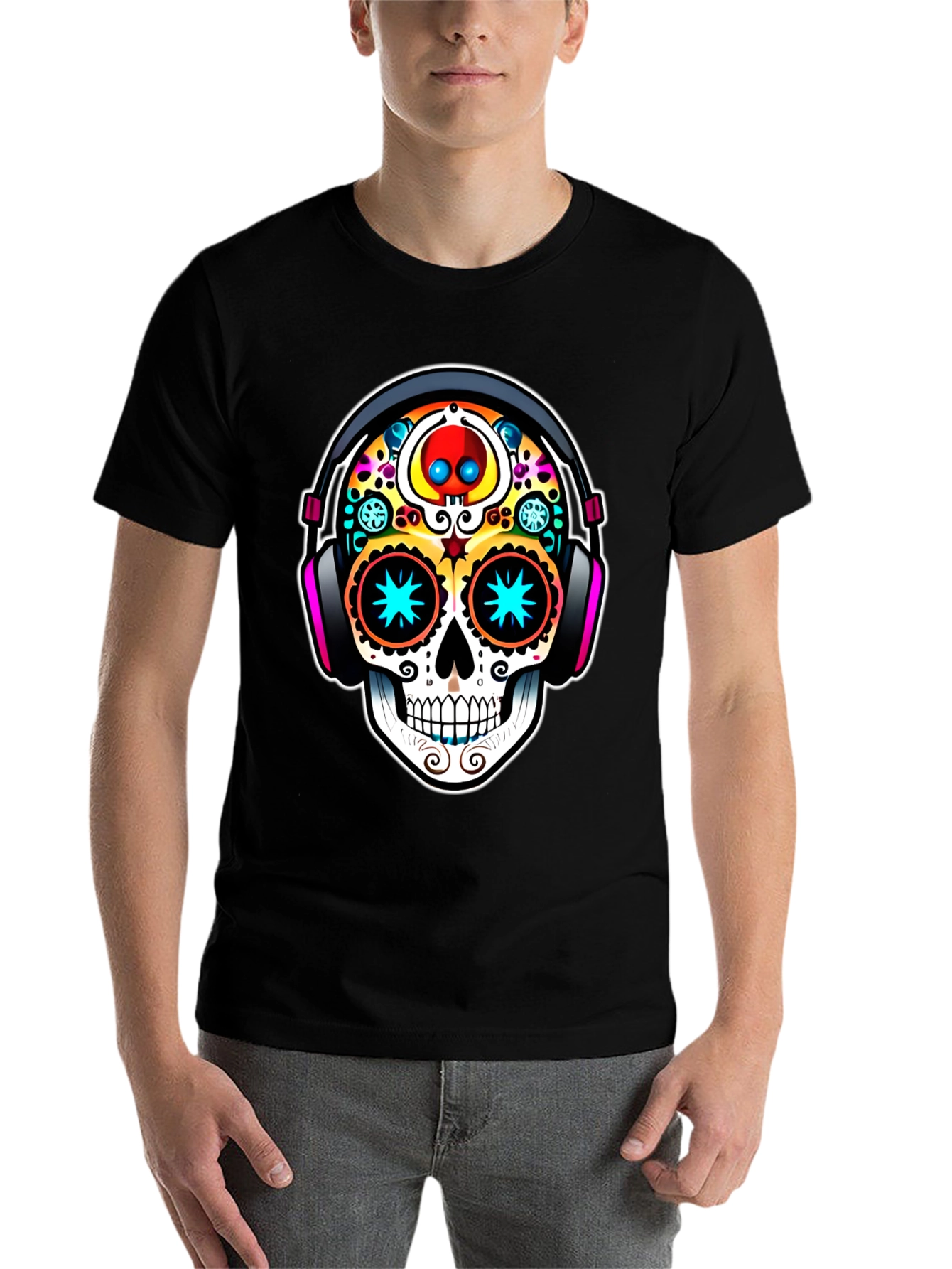 Black Skull DJ Black T-Shirt - Day of the Dead Style view 7