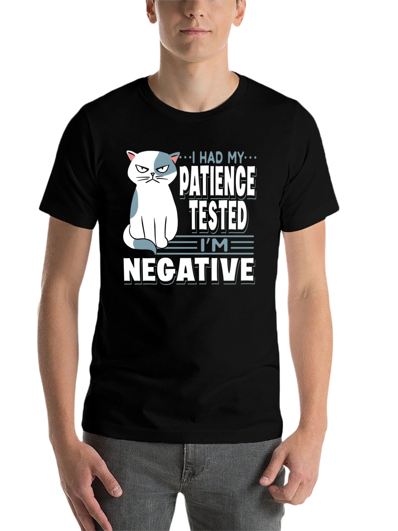 Black Humorous Cat Patience Tested Black T-Shirt view 7