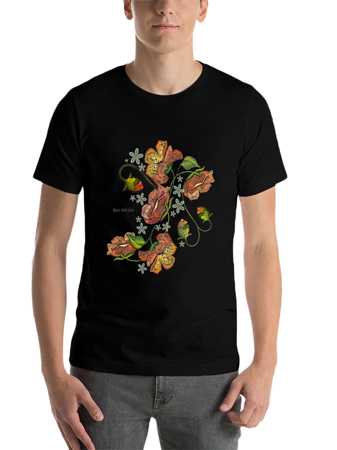 Black Floral Embroidered Graphic Black T-Shirt view 7