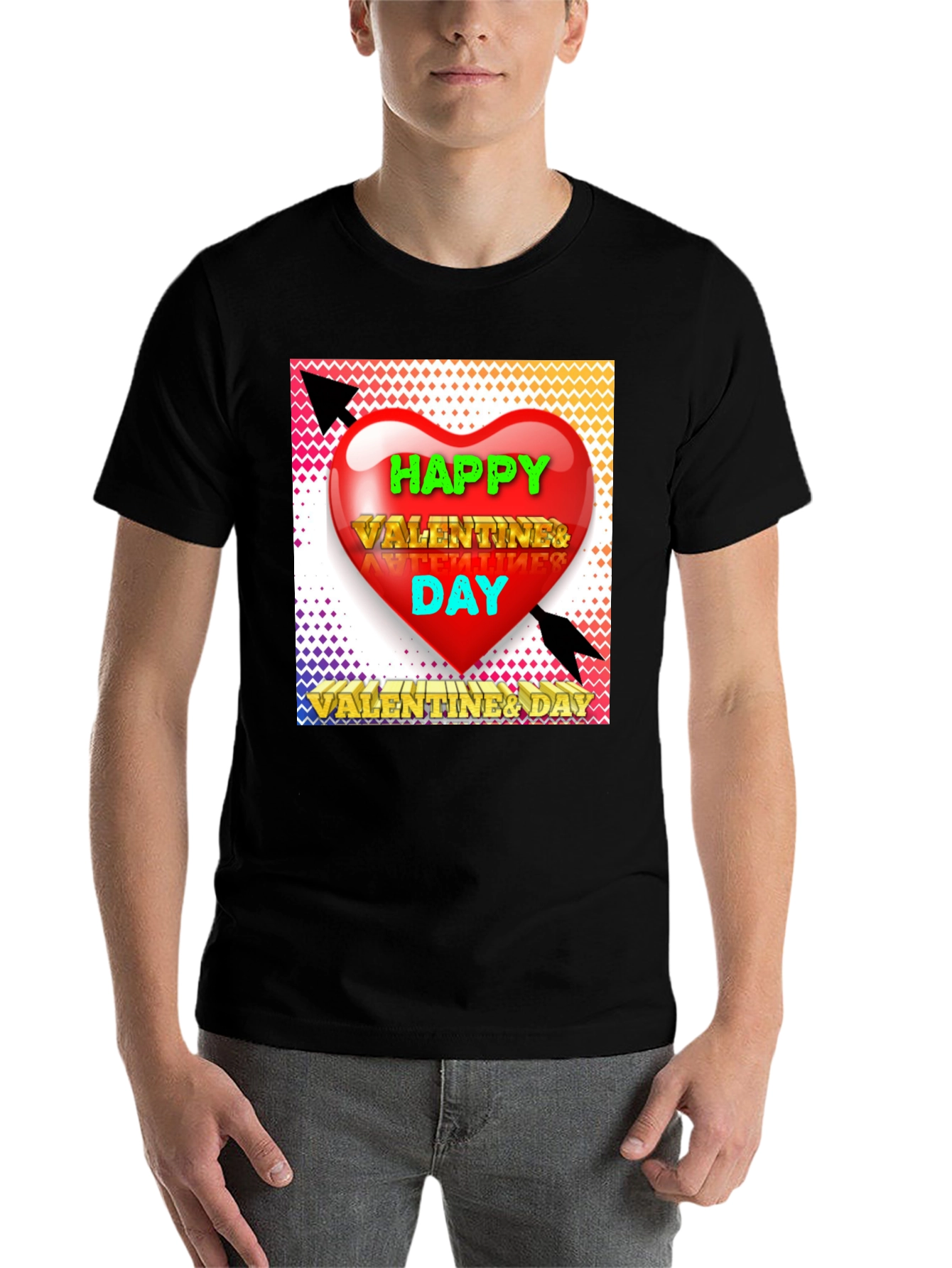 Black Happy Valentine's Day T-Shirt, Heart Arrow Design view 7