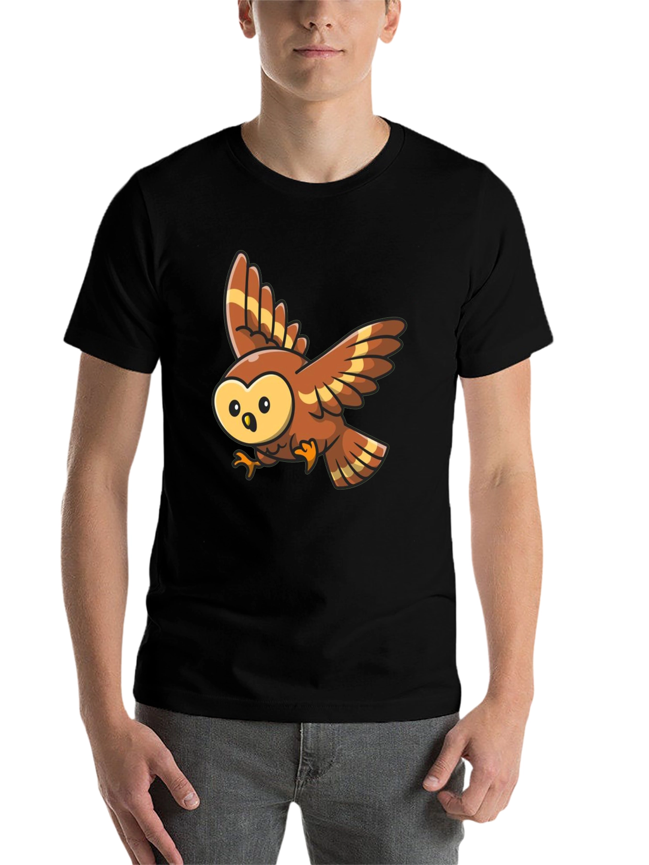 Black Cartoon Owl Graphic Tee - Black Cotton Blend view 7