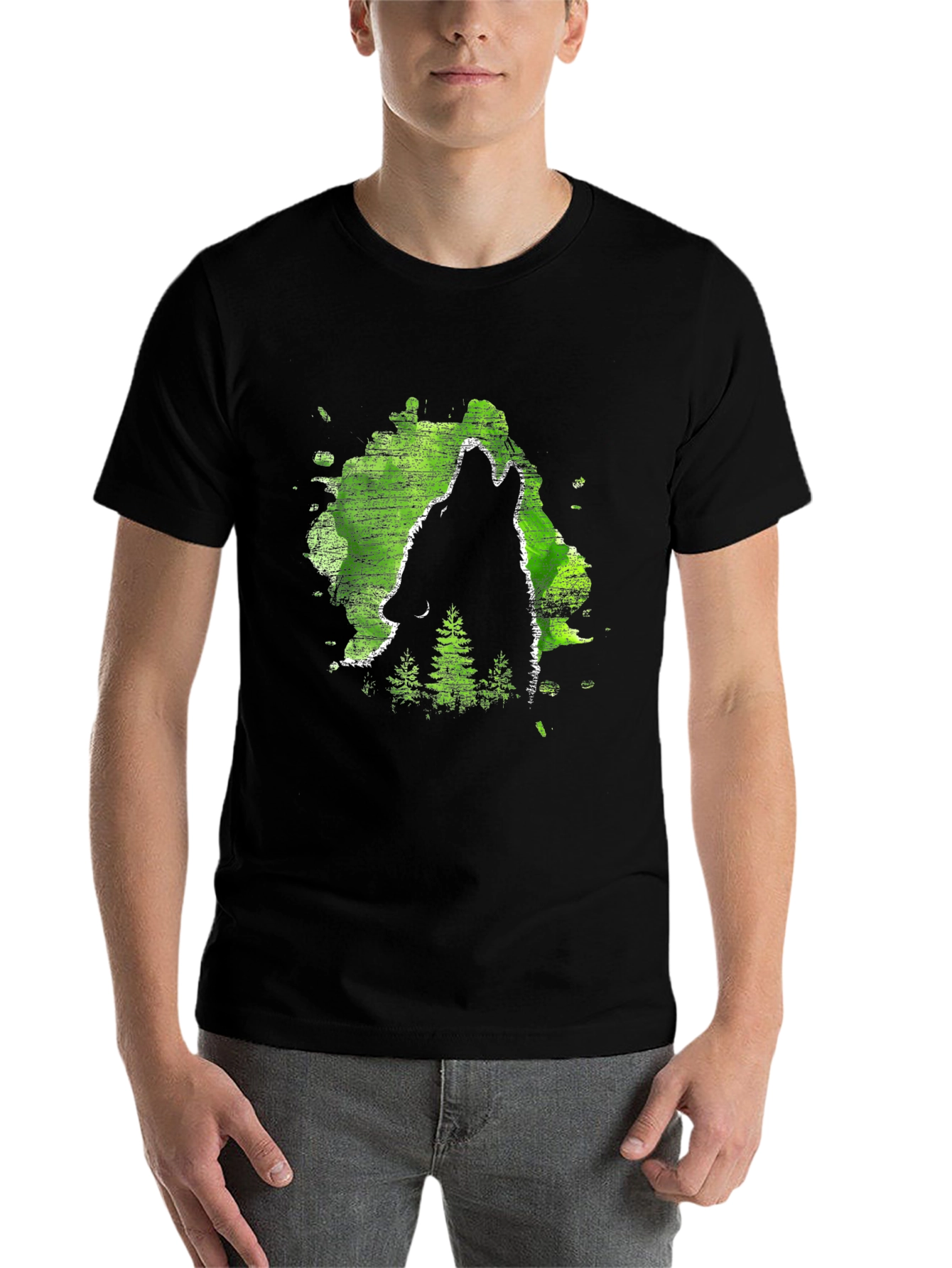 Black Wolf Howl Black T-Shirt, Green Forest Design view 7