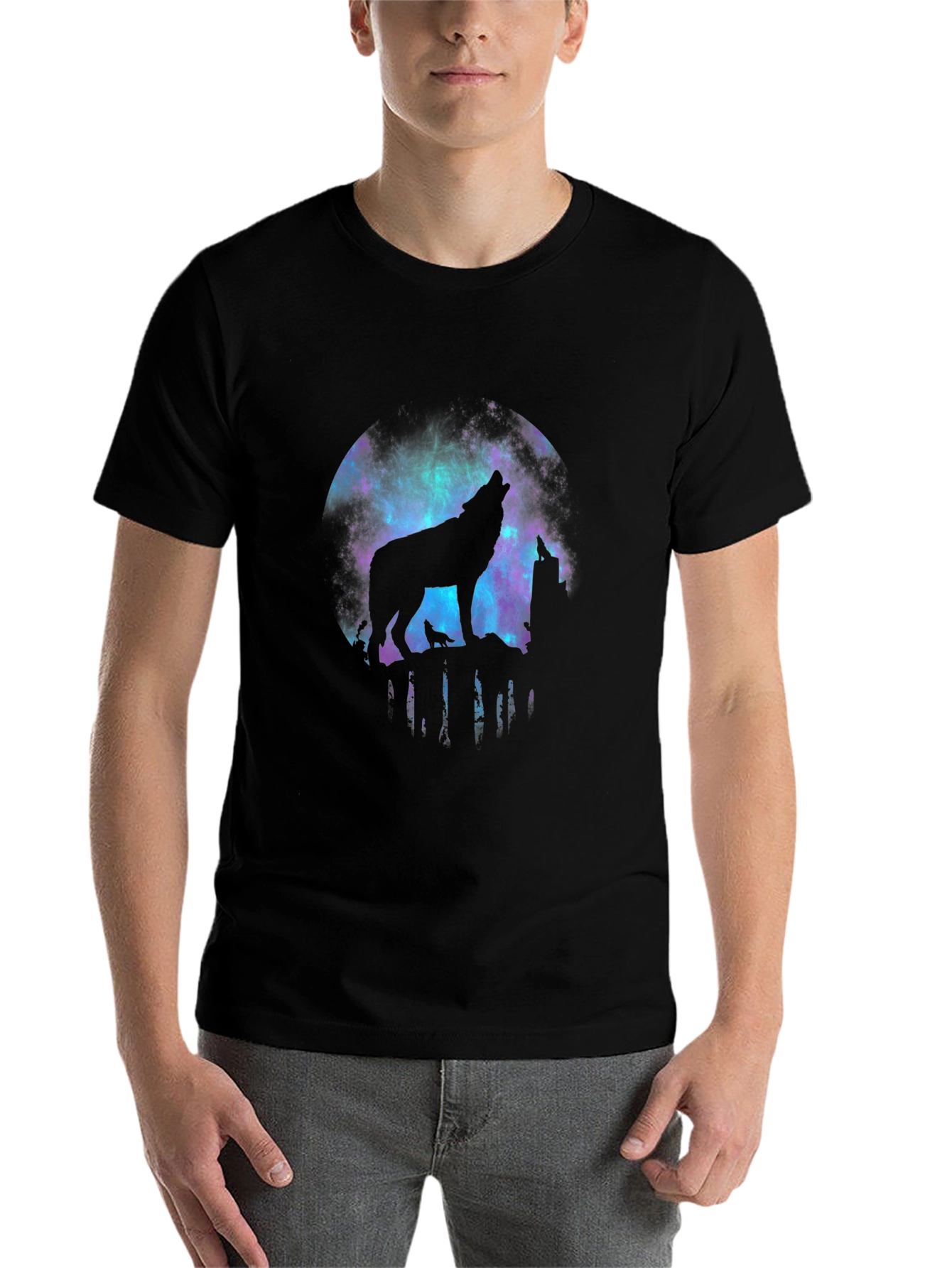 Black Wolf Galaxy T-Shirt - Men's Black Tee view 7