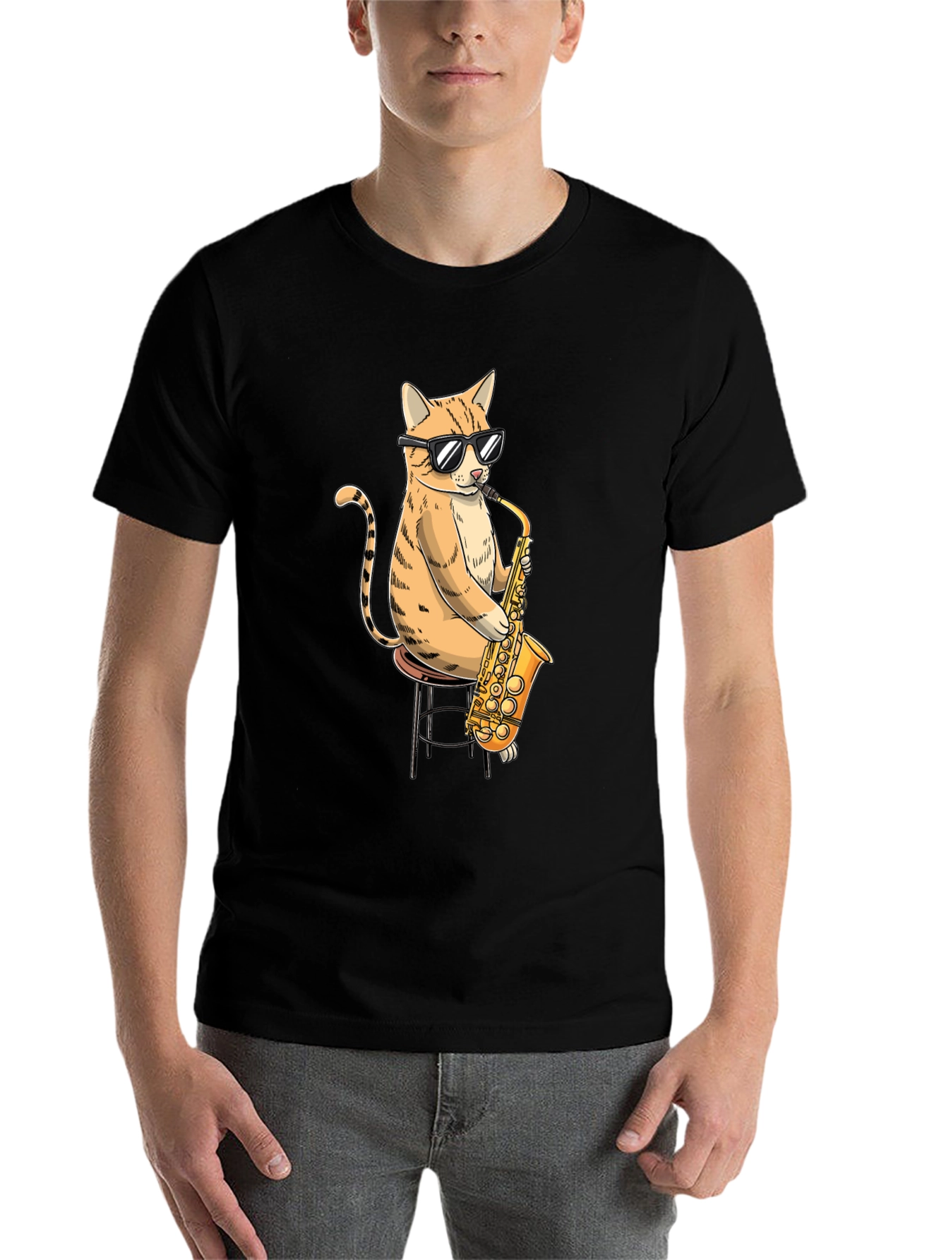 Black Cool Cat Saxophone Graphic T-Shirt view 7