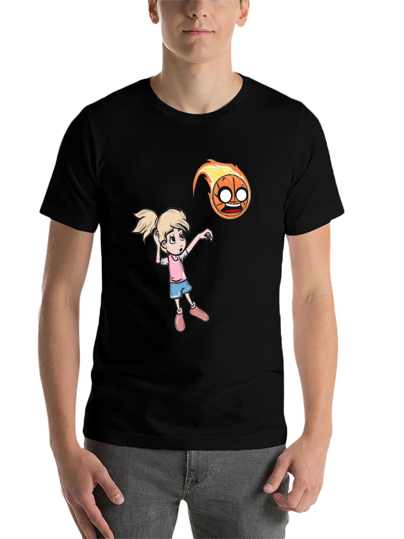 Black Cartoon Girl vs Flaming Basketball T-Shirt view 7