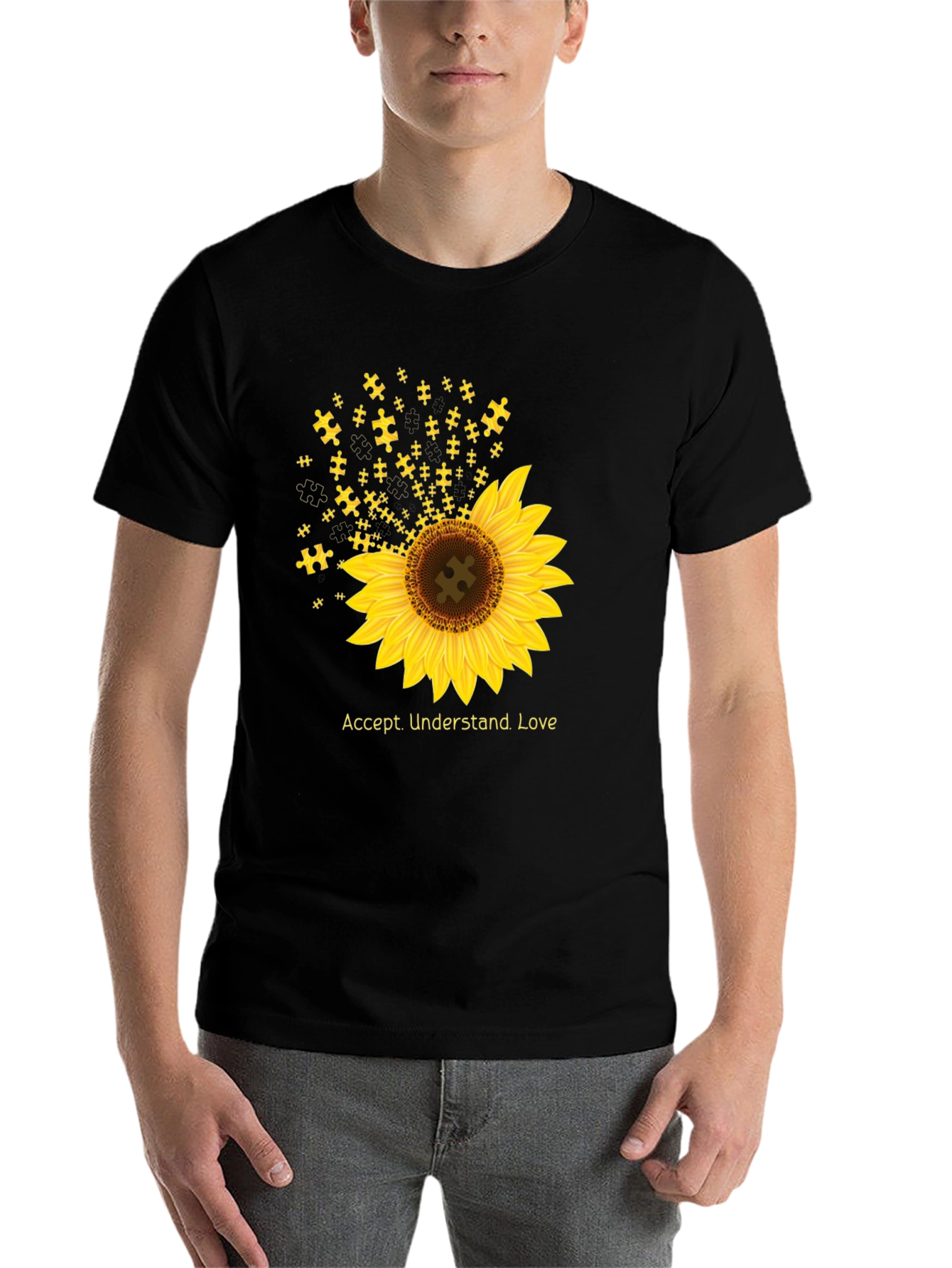 Black Autism Awareness Sunflower T-Shirt - Accept, Understand, Love view 7