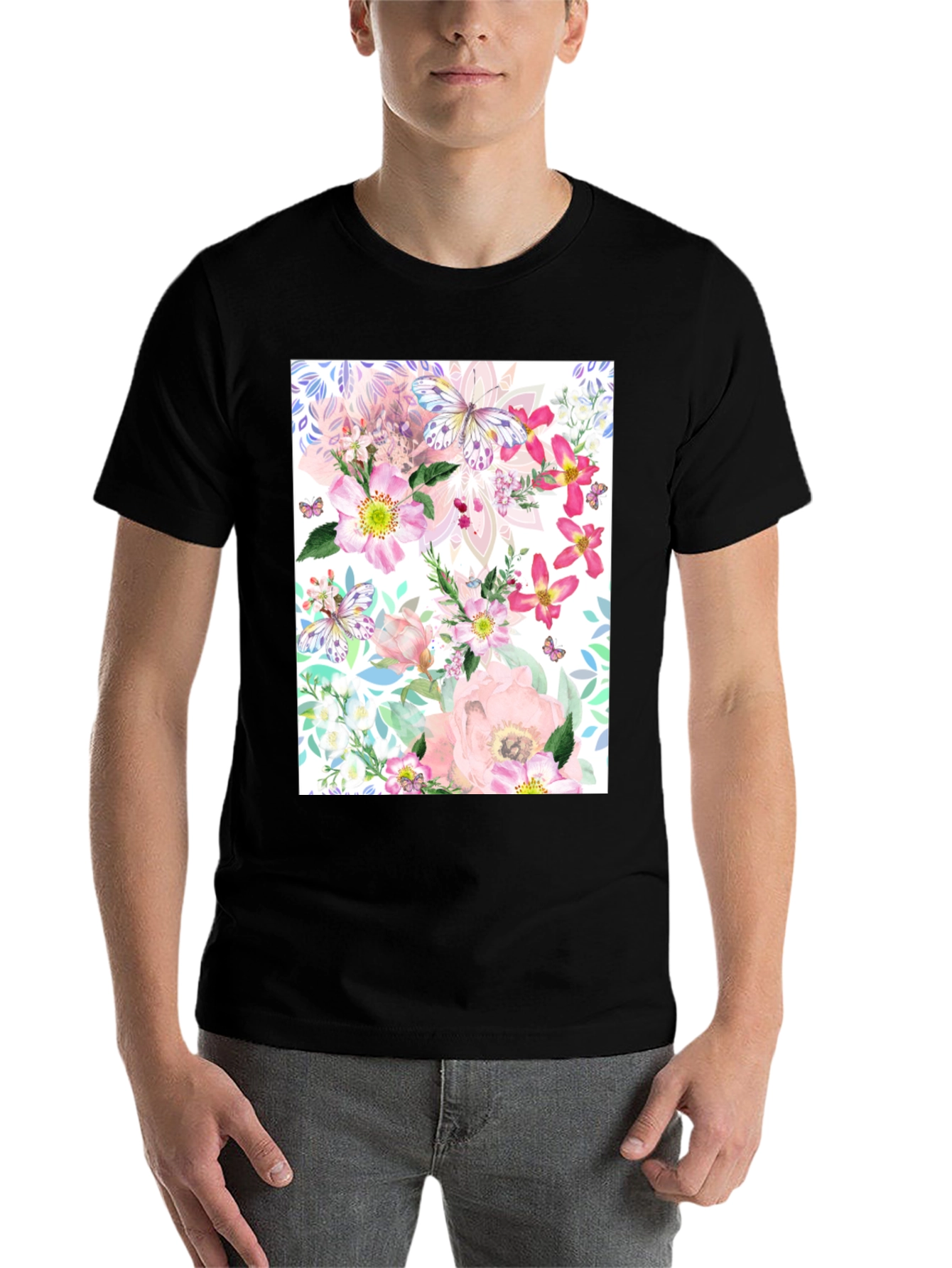 Black Floral Butterfly Print Black T-Shirt view 7