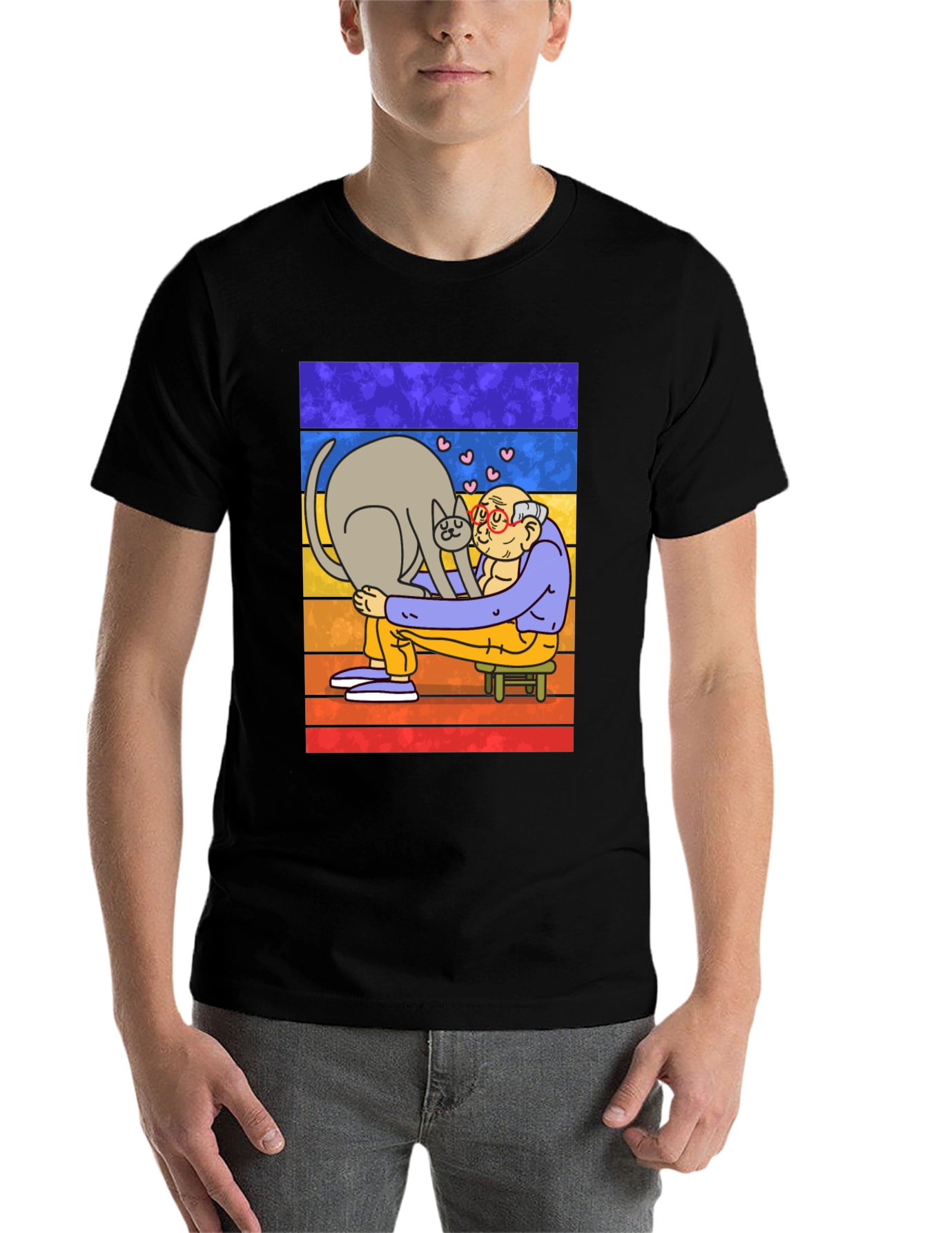 Black Cat Lover T-Shirt - Cartoon Grandpa Hugging Cat view 7