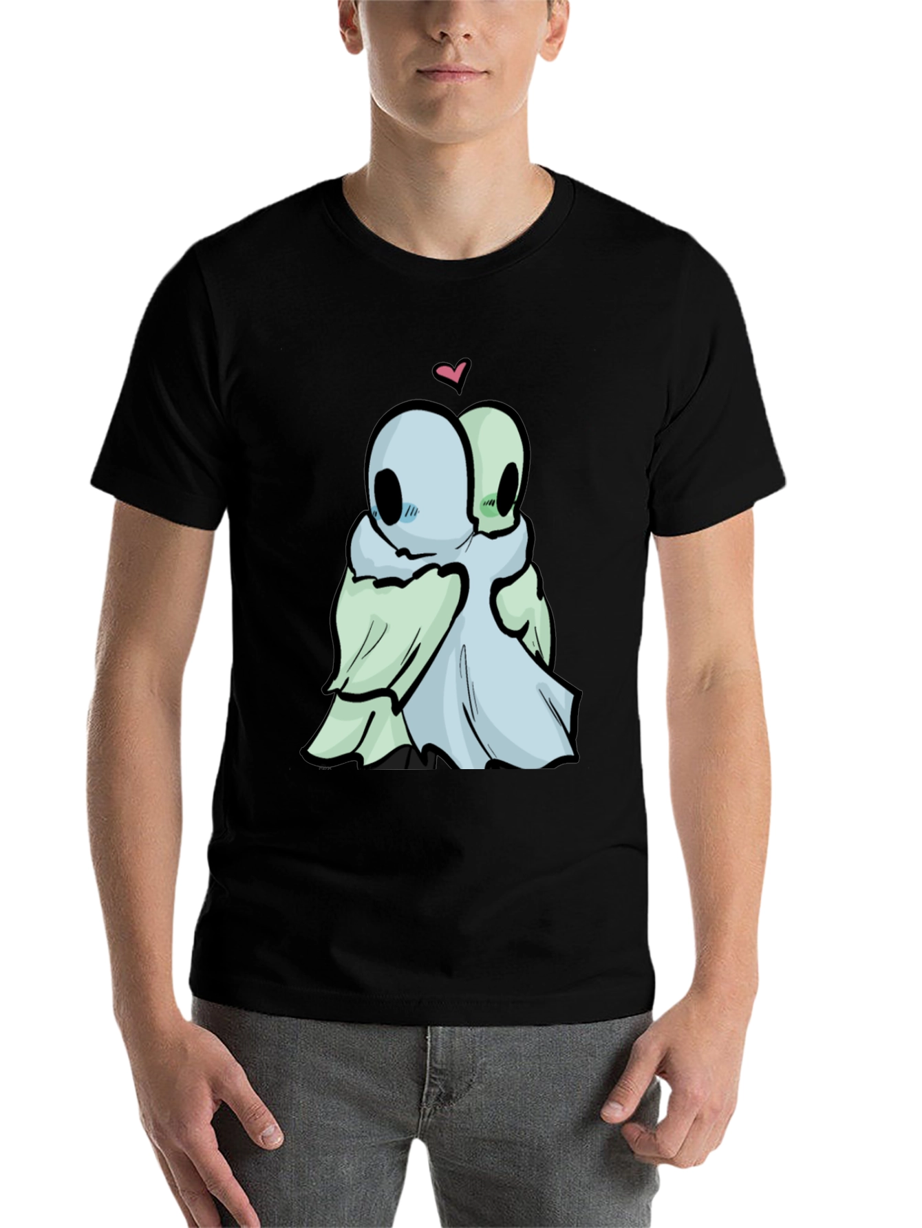 Black Cute Ghost Hug T-Shirt - Black Cotton Tee view 7
