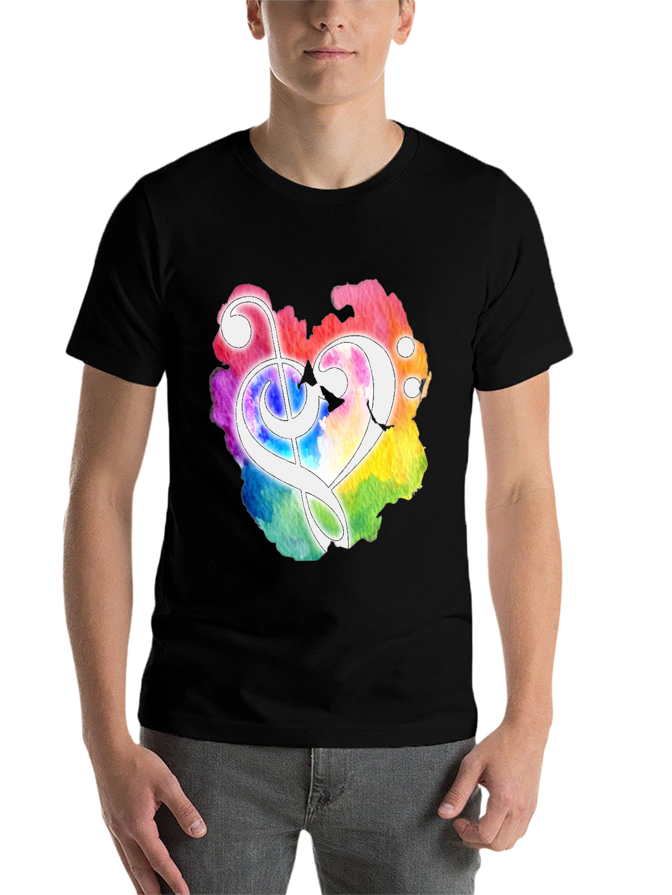 Black Watercolor Heart Treble Clef Black T-Shirt view 7