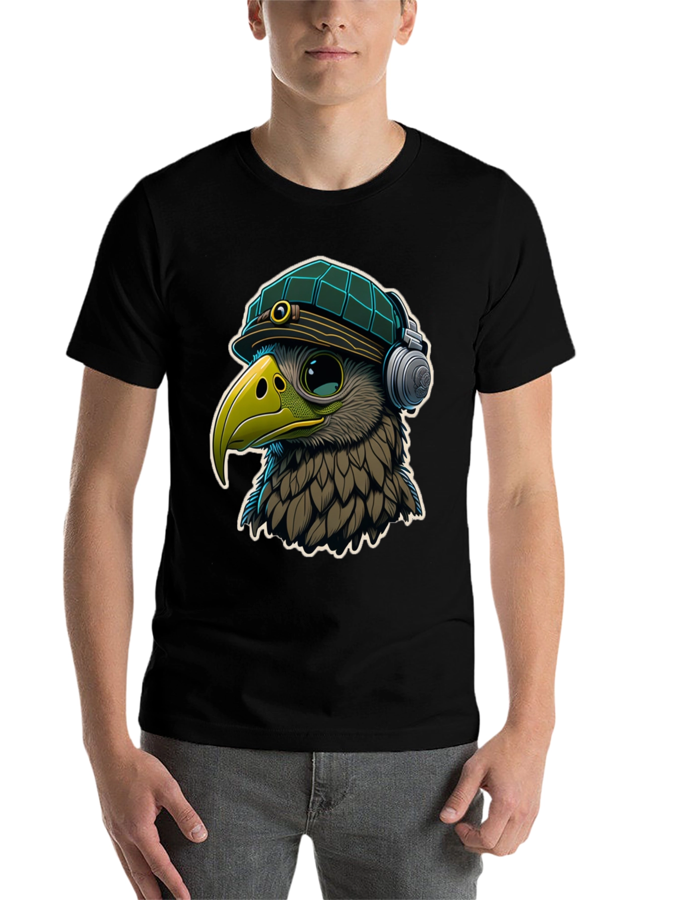 Black Cool Bird in Hat & Headphones Graphic Tee view 7