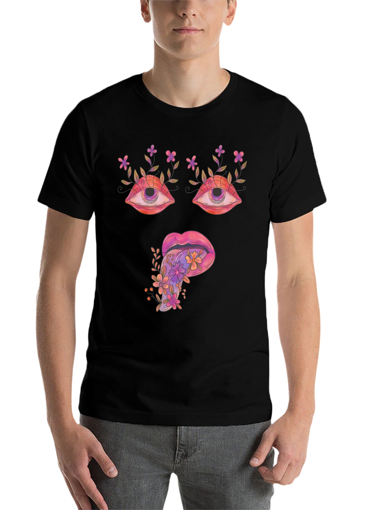 Black Psychedelic Eyes & Tongue Graphic T-Shirt - Black view 7