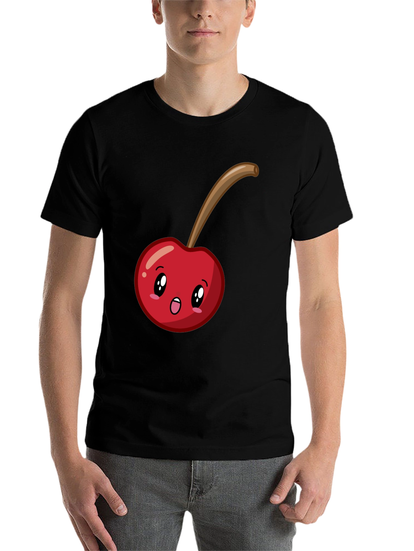 Black Cute Cherry Cartoon Graphic T-Shirt - Black view 7