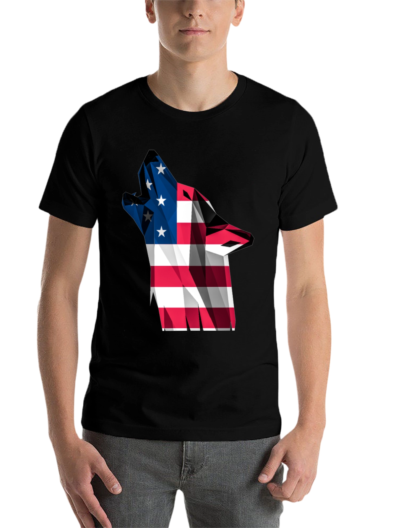Black American Flag Wolf Graphic Tee view 7