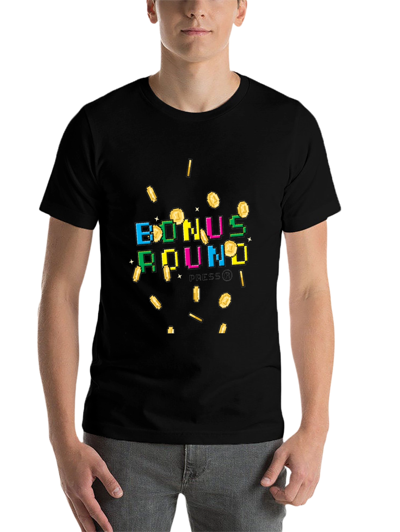 Black Bonus Round Pixel Art Graphic T-Shirt view 7