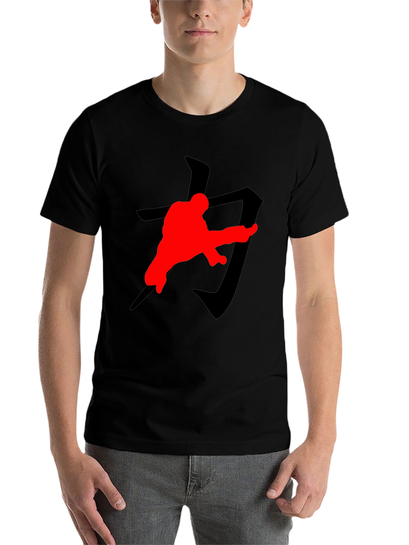 Black Karate Kick T-Shirt: Black with Red Graphic Print view 7