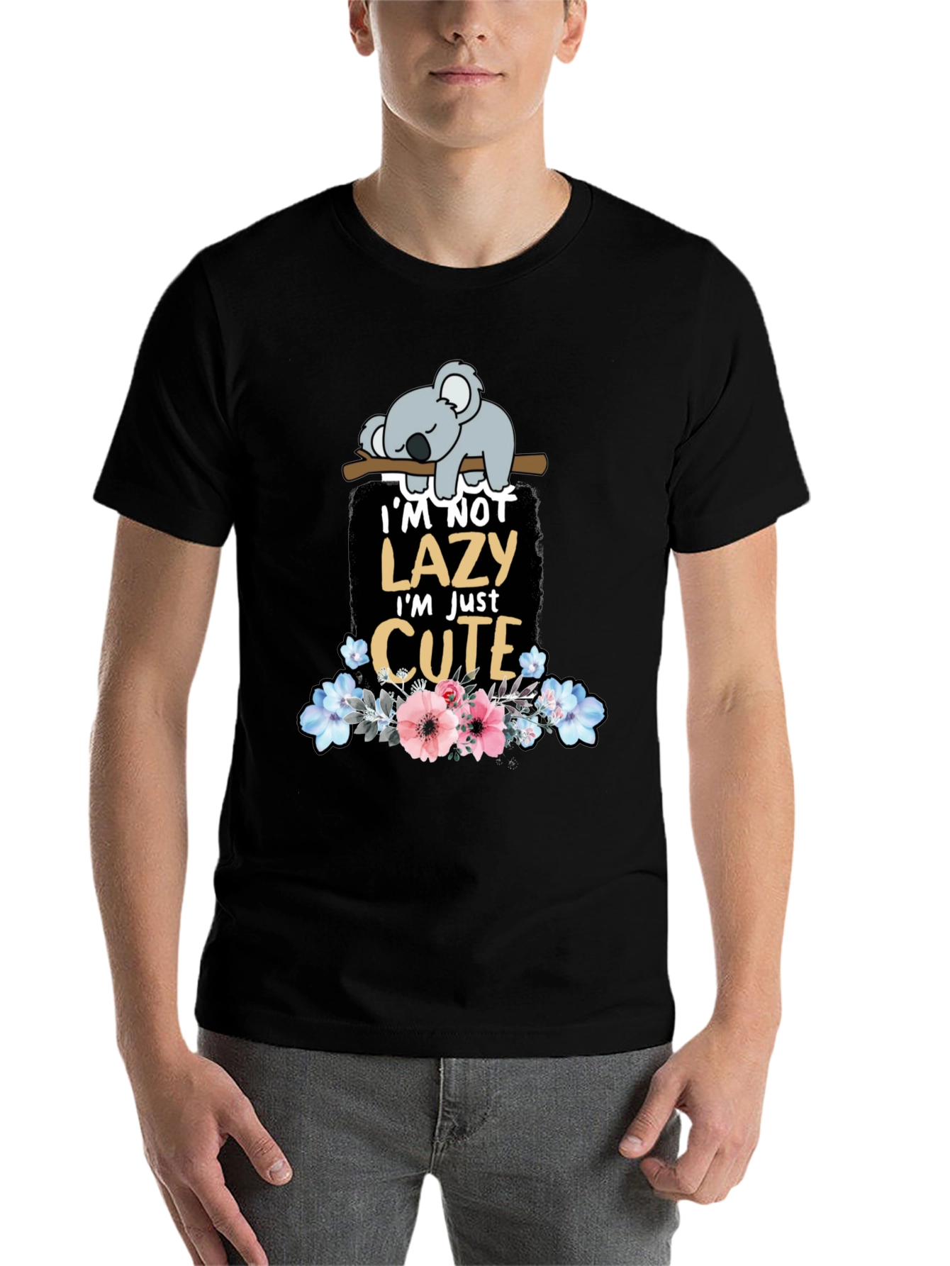 Black Lazy Koala T-Shirt: Cute Floral Design view 7