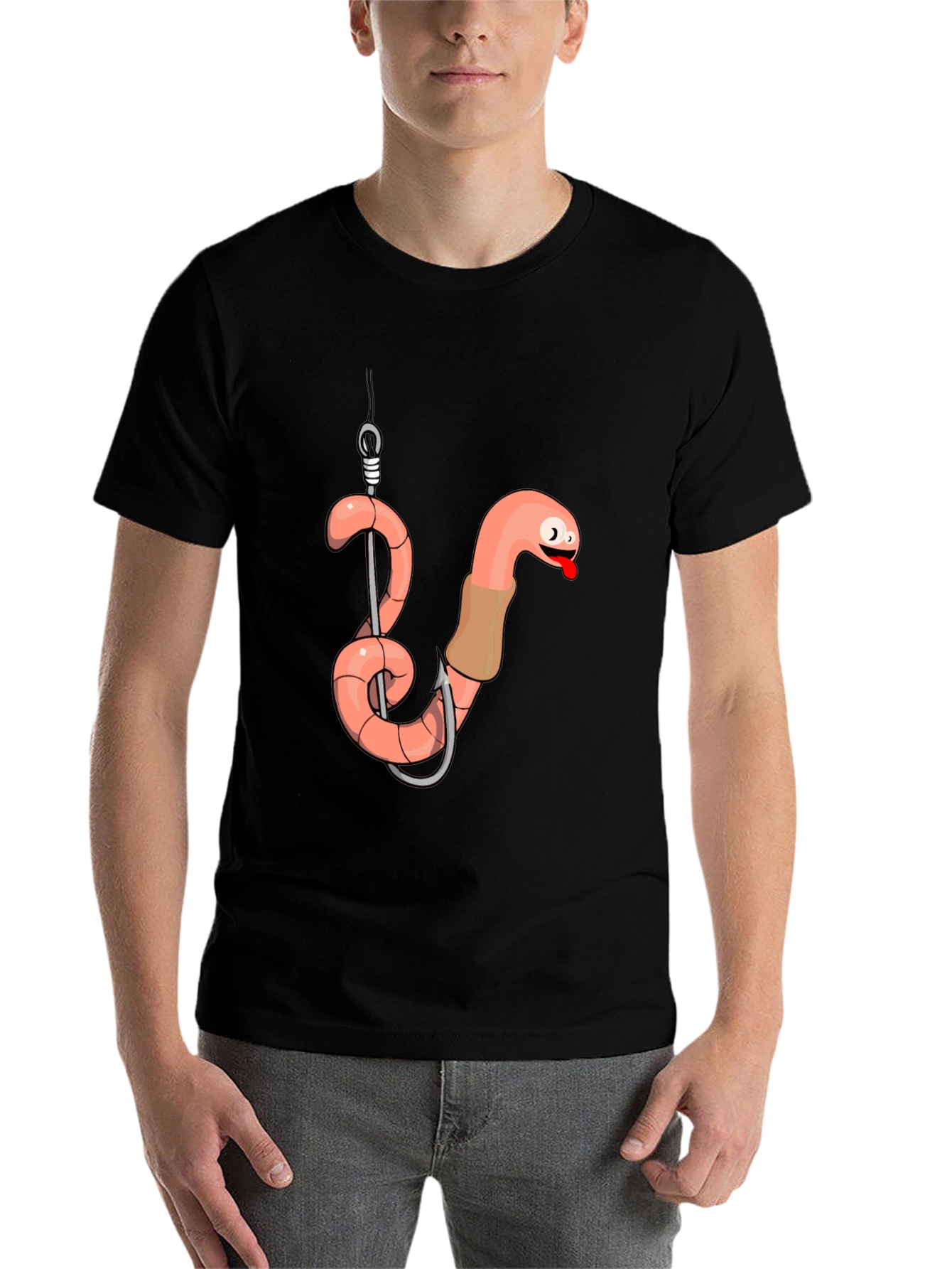 Black Funny Worm on Hook Black T-Shirt view 7