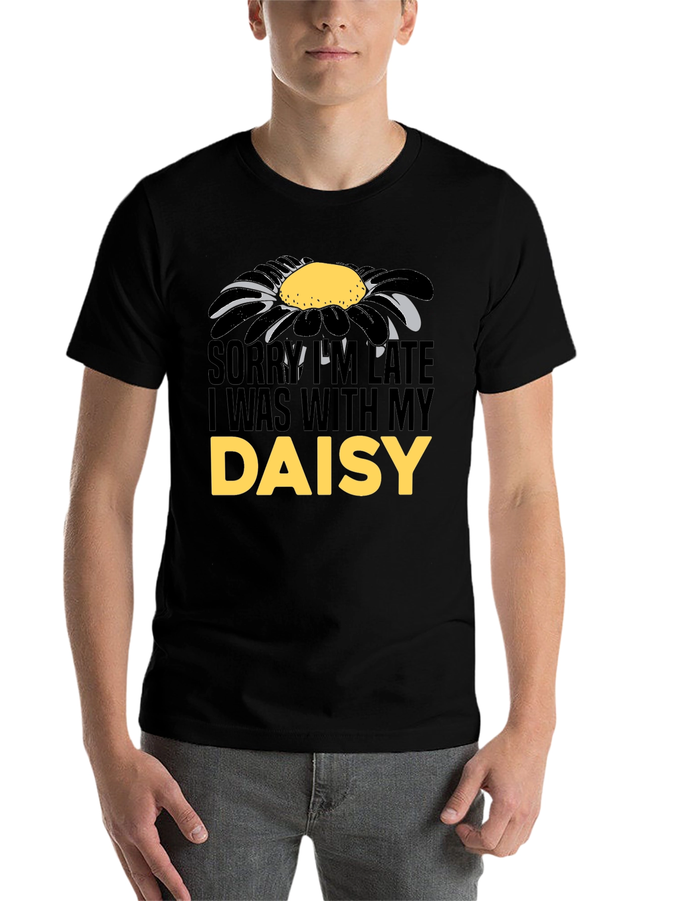 Black Daisy Graphic Men's T-Shirt - Sorry I'm Late view 7