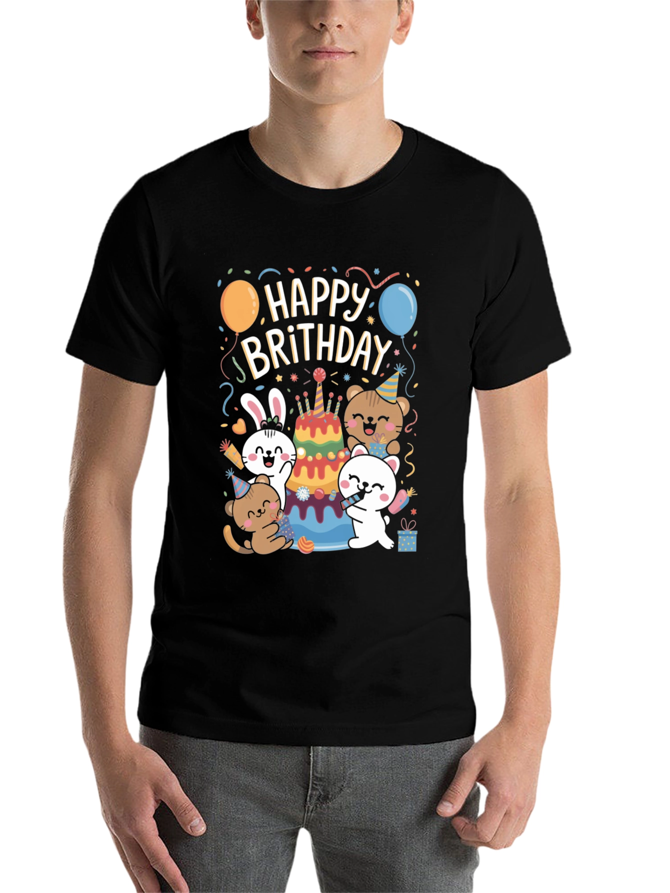 Black Happy Brithday T-Shirt With Cute Animal Graphics view 7