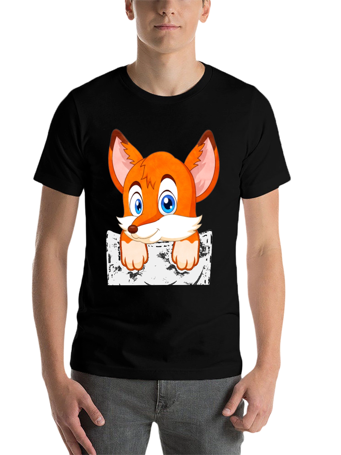 Black Cartoon Fox Graphic Print T-Shirt view 7