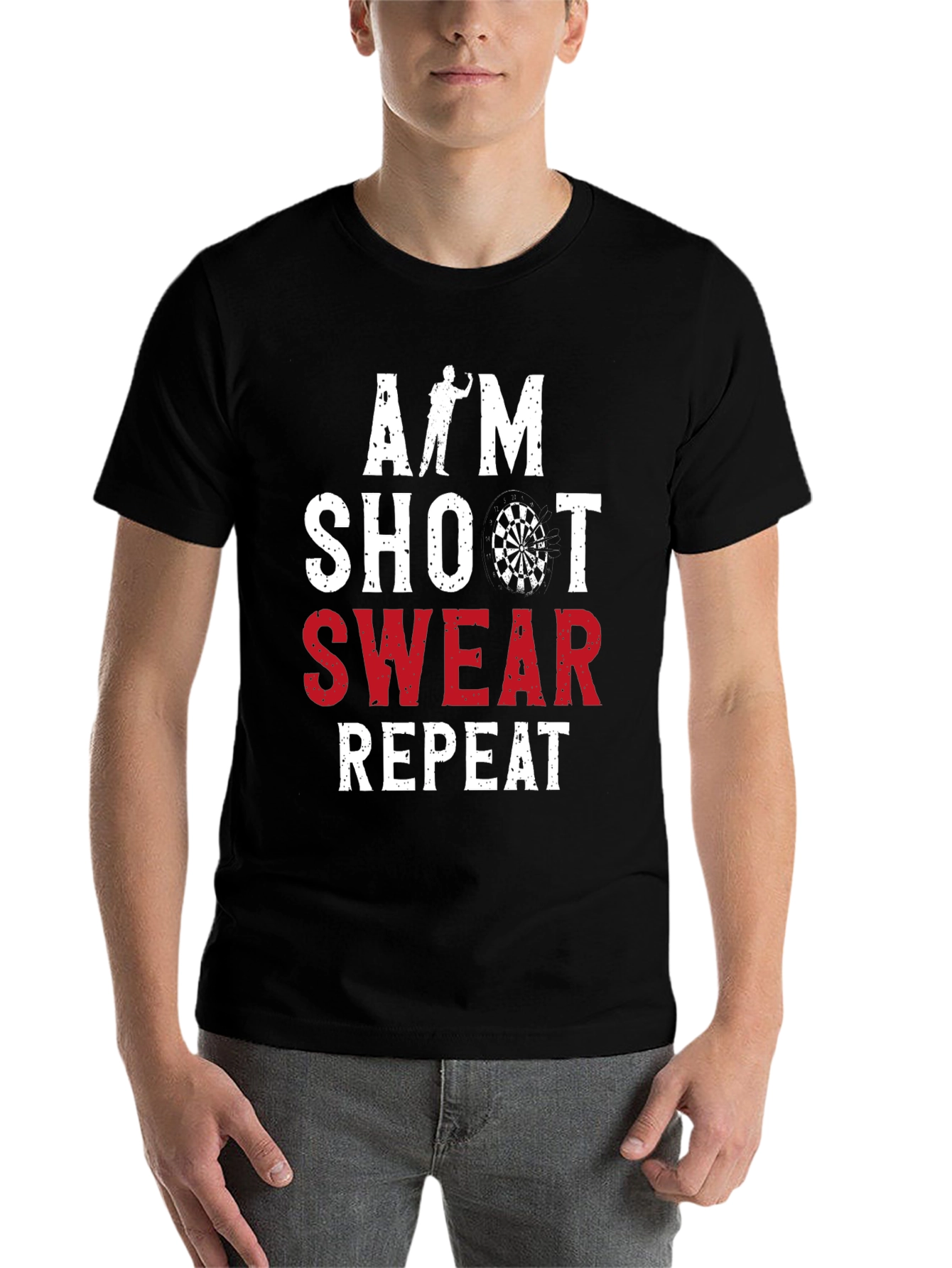 Black Aim Shoot Swear Repeat Darts Graphic Tee view 7
