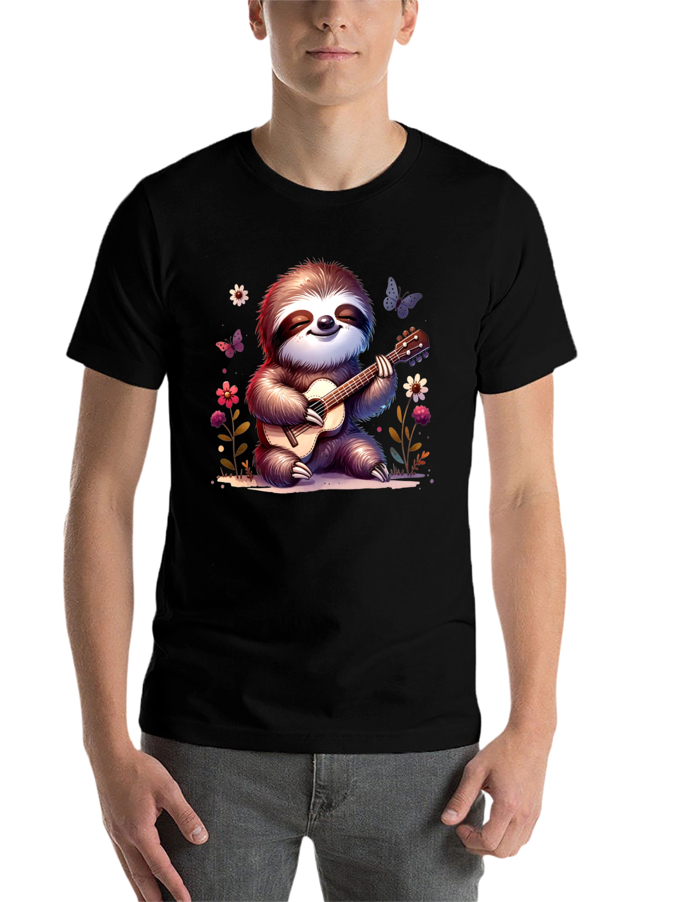 Black Cute Sloth Guitarist Graphic T-Shirt view 7