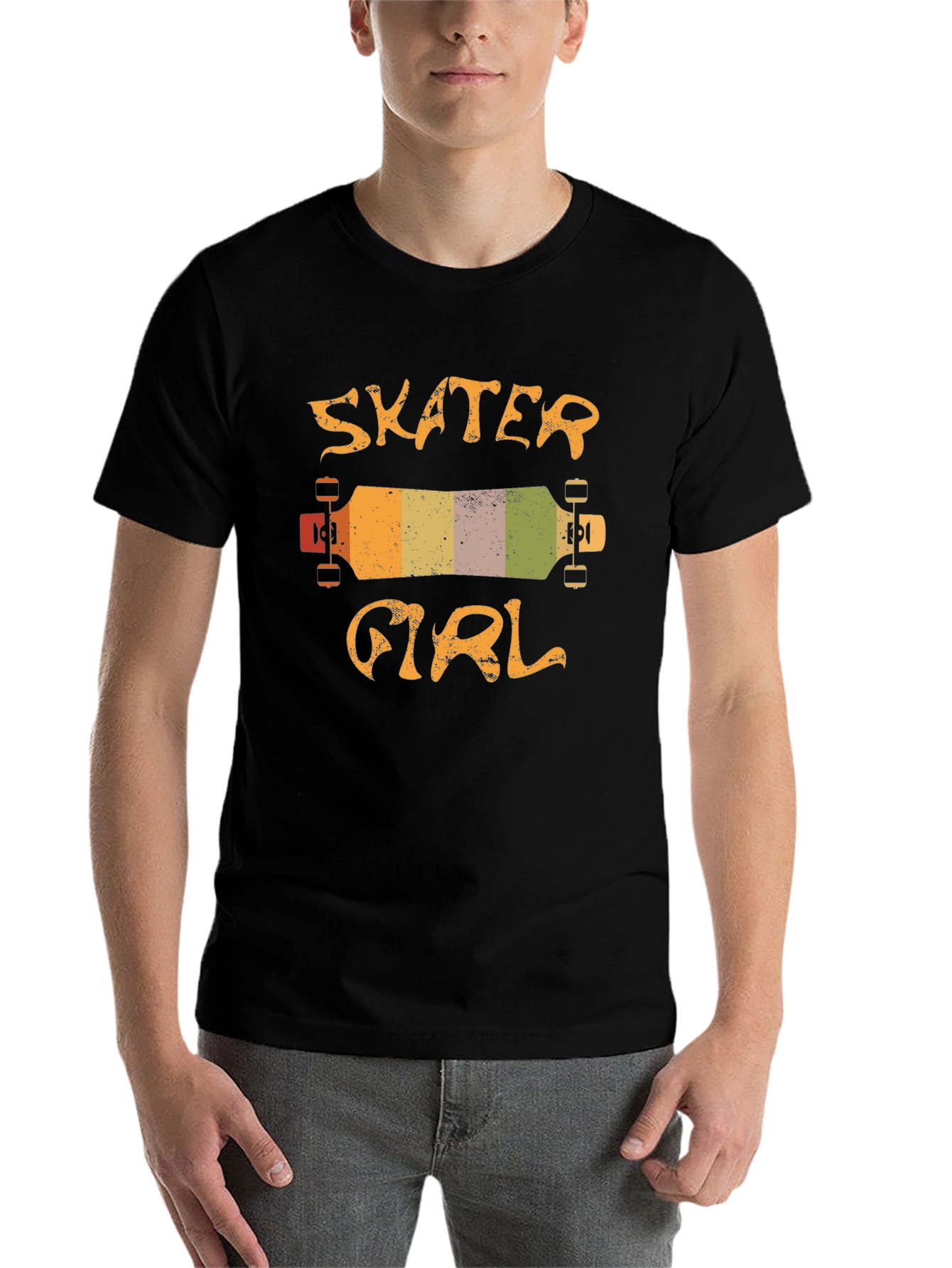 Black Skater Girl T-Shirt - Retro Skateboard Design view 7