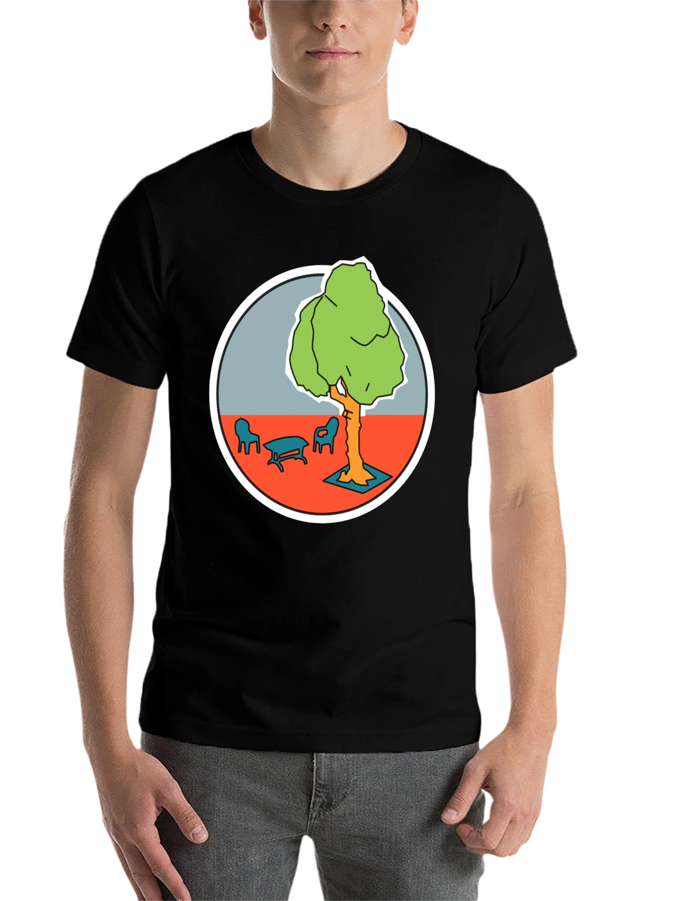 Black Black T-Shirt with Cartoon Tree Print view 7