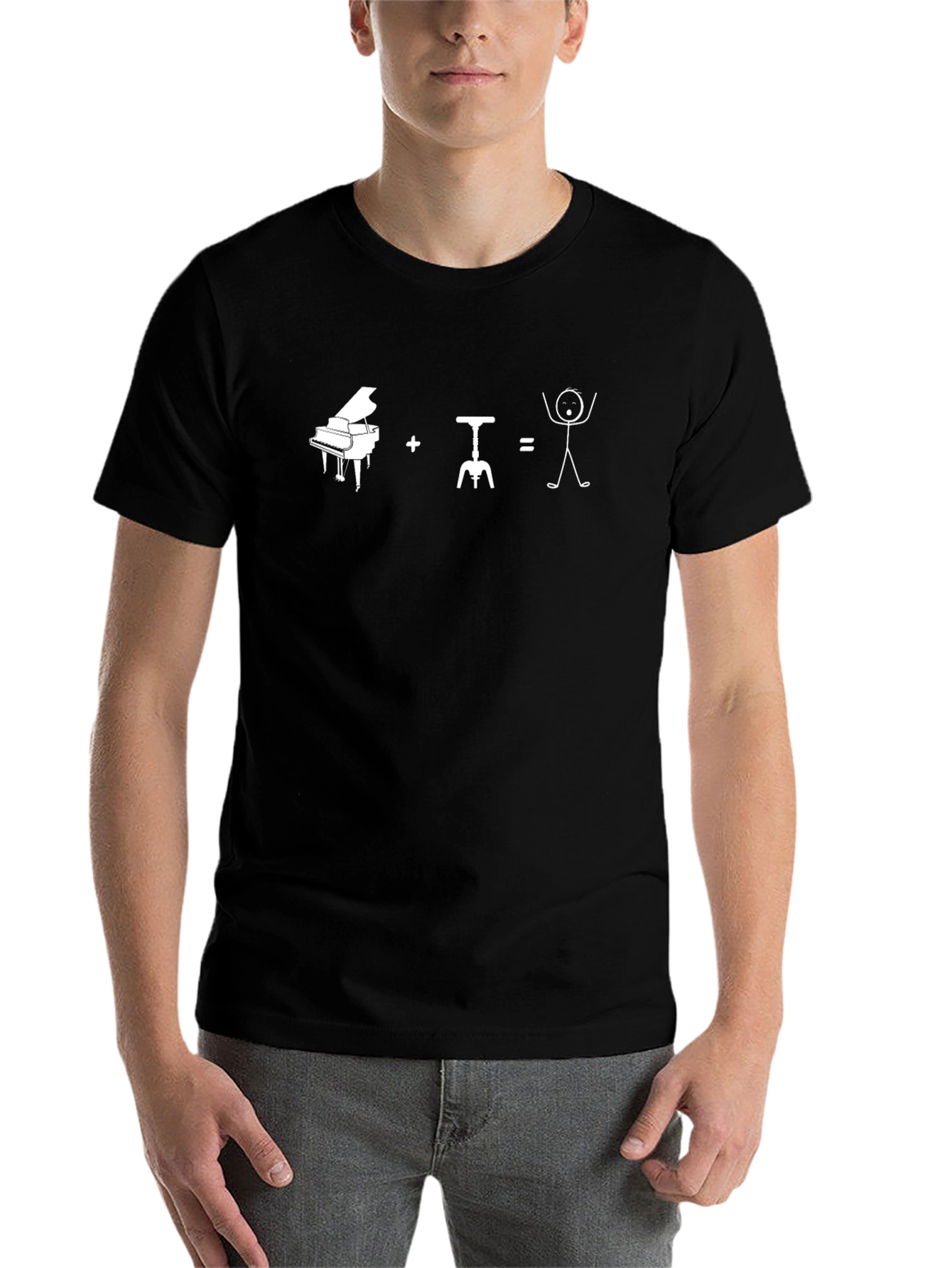 Black Funny Piano Wine Equals Stick Figure Graphic T-Shirt view 7