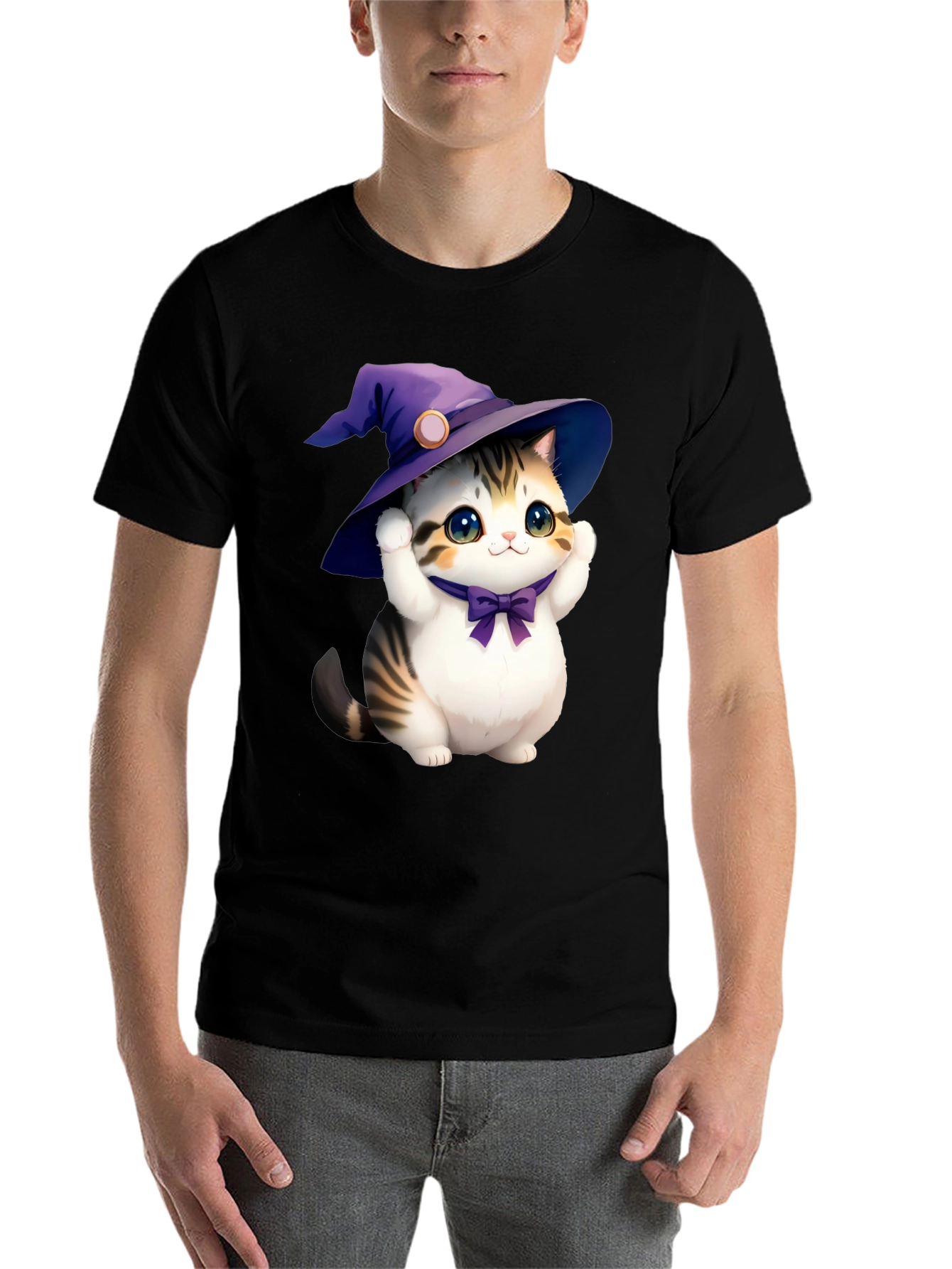 Black Cute Cat in Witch Hat Graphic Tee - Black view 7