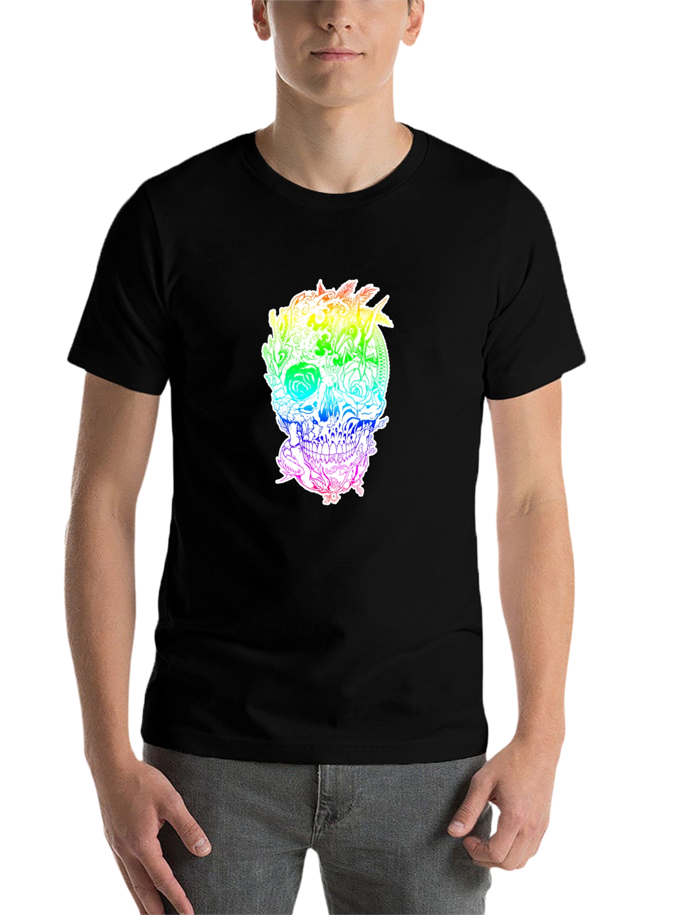 Black Rainbow Floral Skull Graphic Tee view 7
