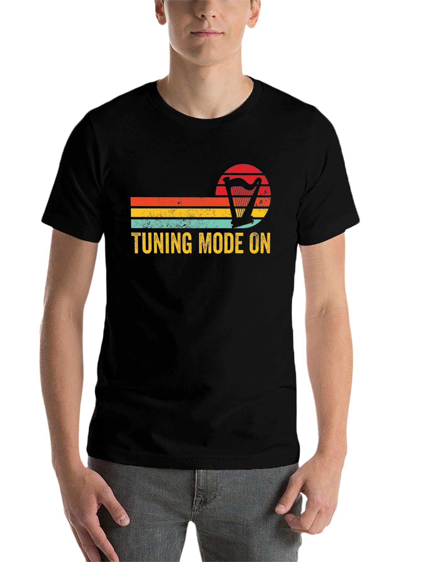 Black Tuning Mode On Harp Retro T-Shirt - Musician Gift view 7