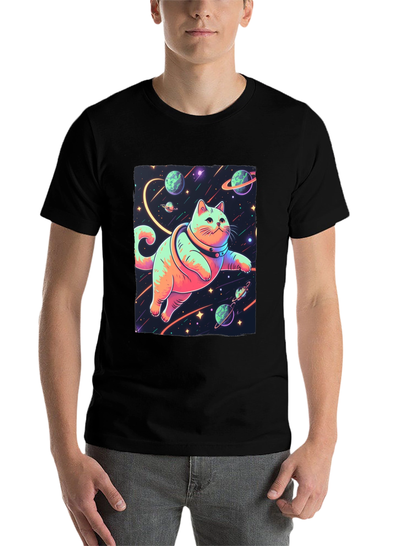 Black Cosmic Cat T-Shirt - Space Adventure Tee view 7