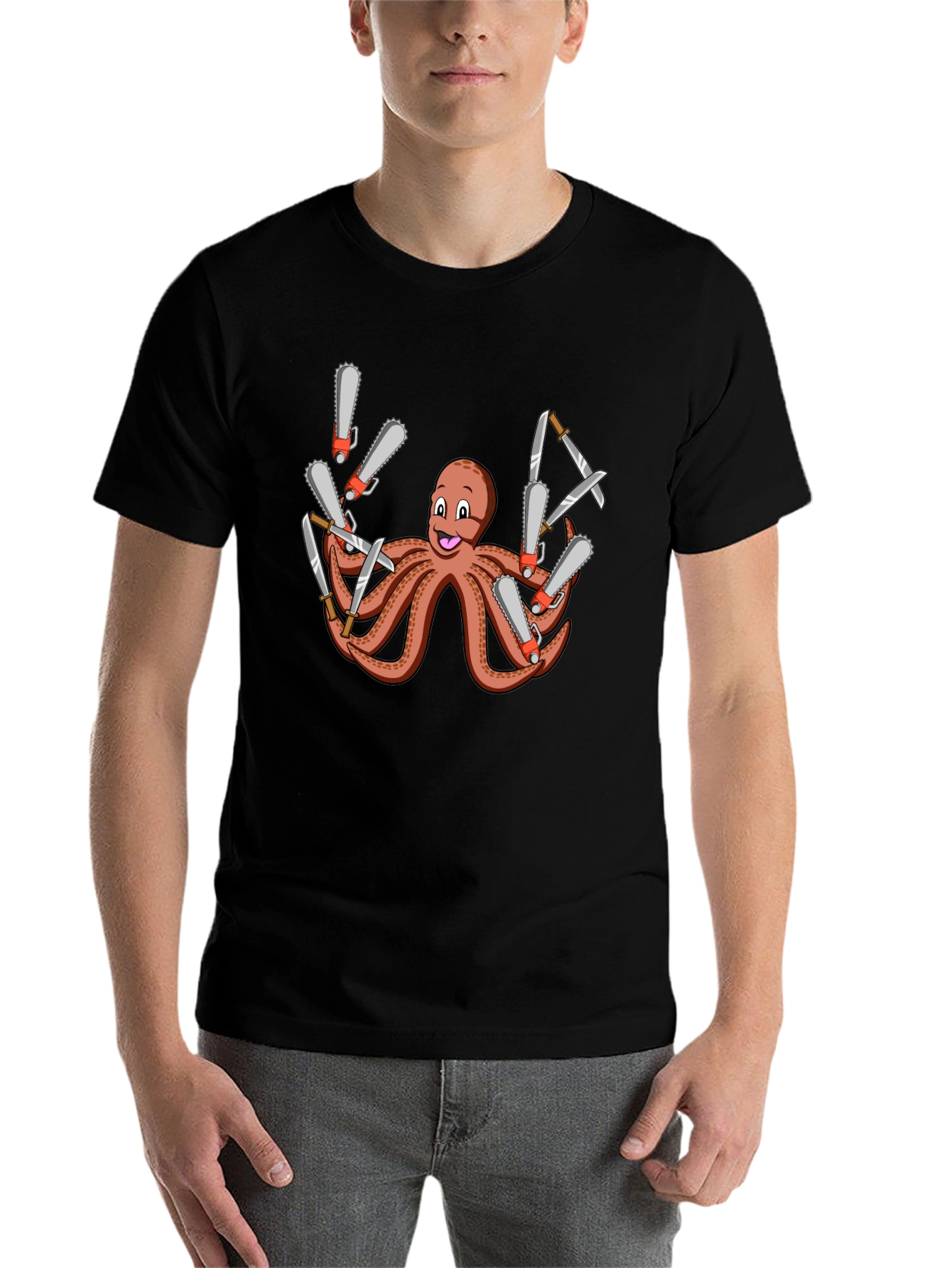 Black Octopus Chainsaw & Knife T-Shirt - Men's Black Tee view 7