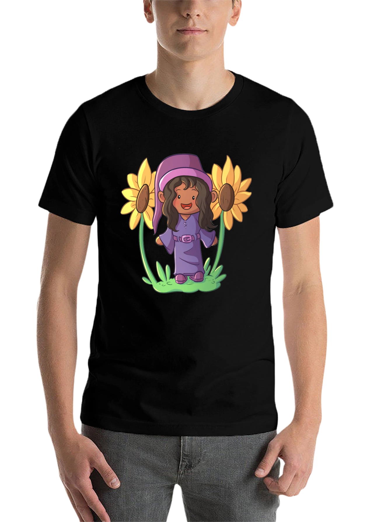 Black Sunflower Gnome Graphic Tee - Black Cotton Blend view 7