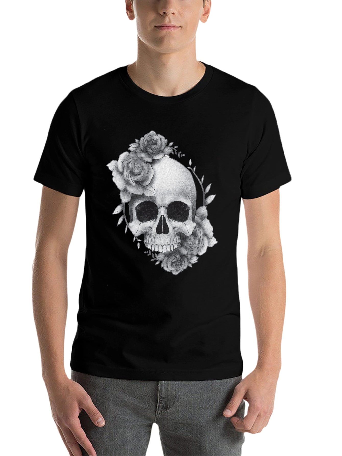 Black Skull & Roses Graphic Tee - Black Casual T-Shirt view 7