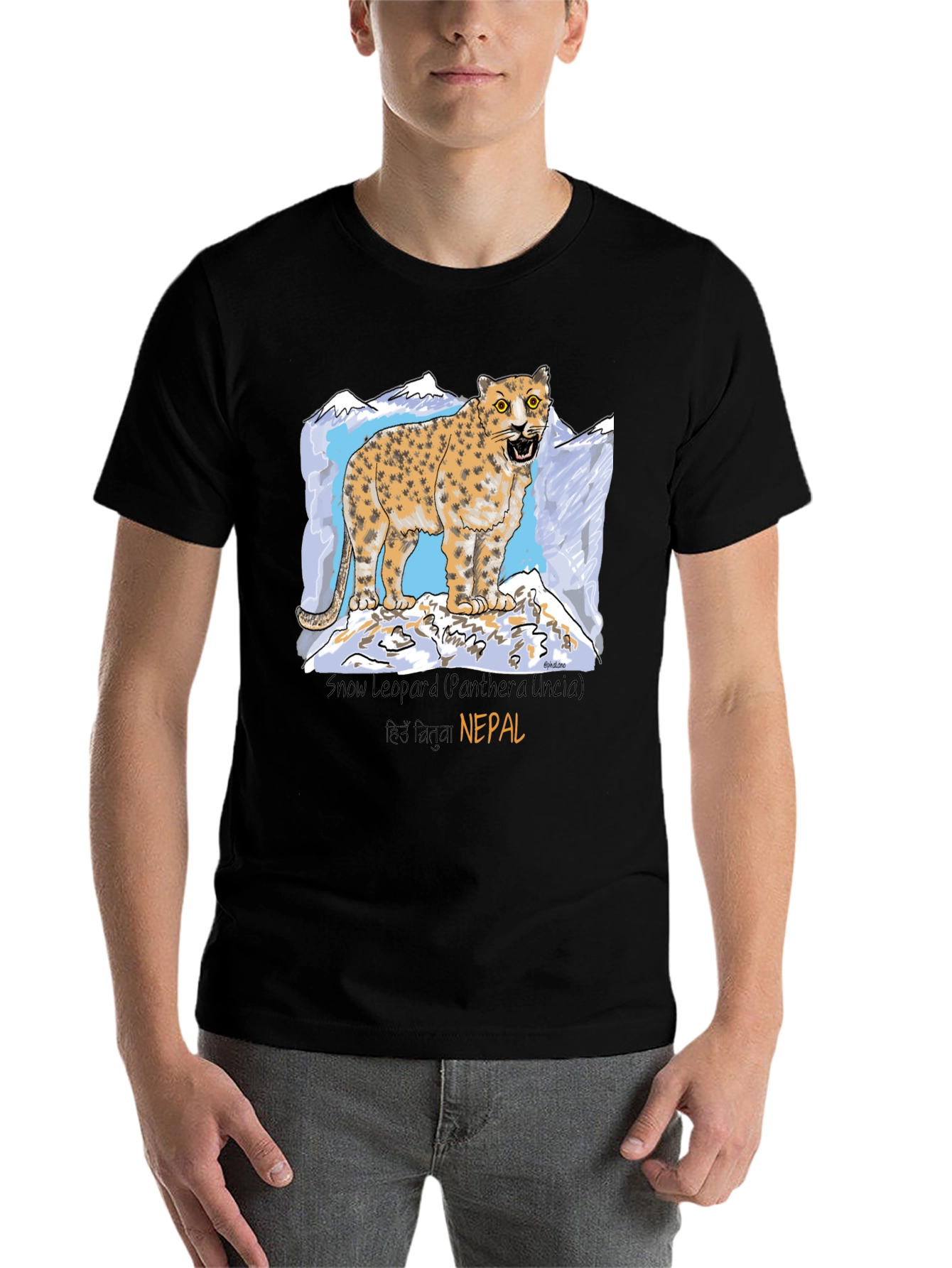 Black Snow Leopard Graphic Tee - Nepal Wildlife Shirt view 7