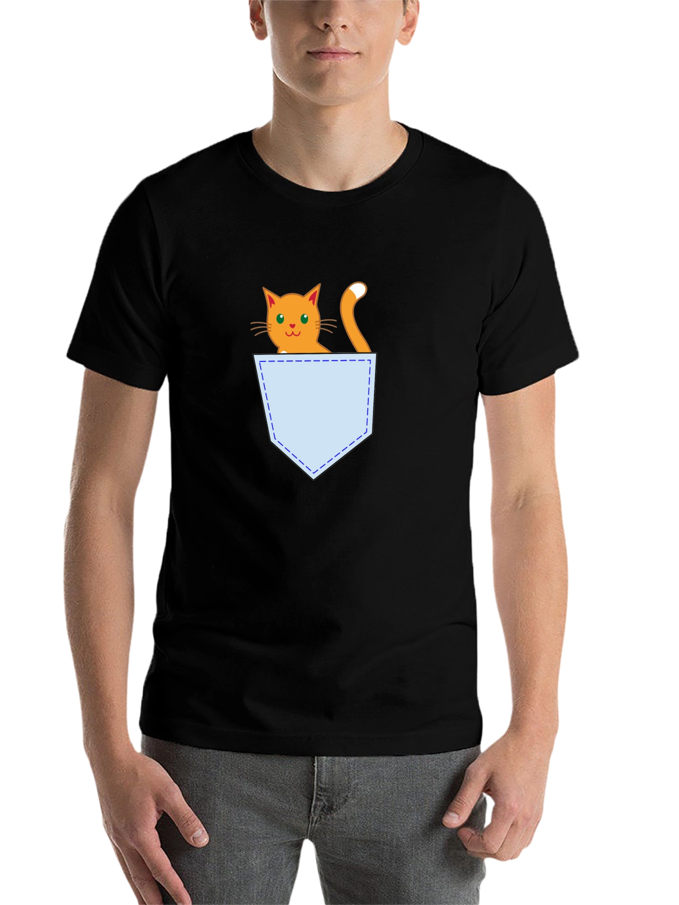 Black Cute Cat Pocket T-Shirt - Black Graphic Tee view 7