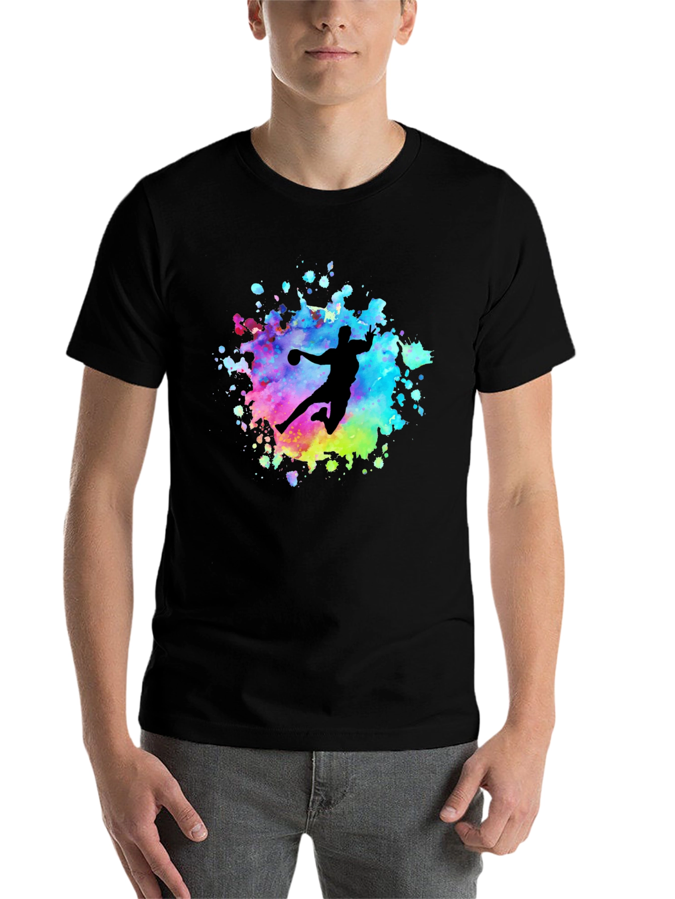 Black Watercolor Handball Player T-Shirt - Black view 7