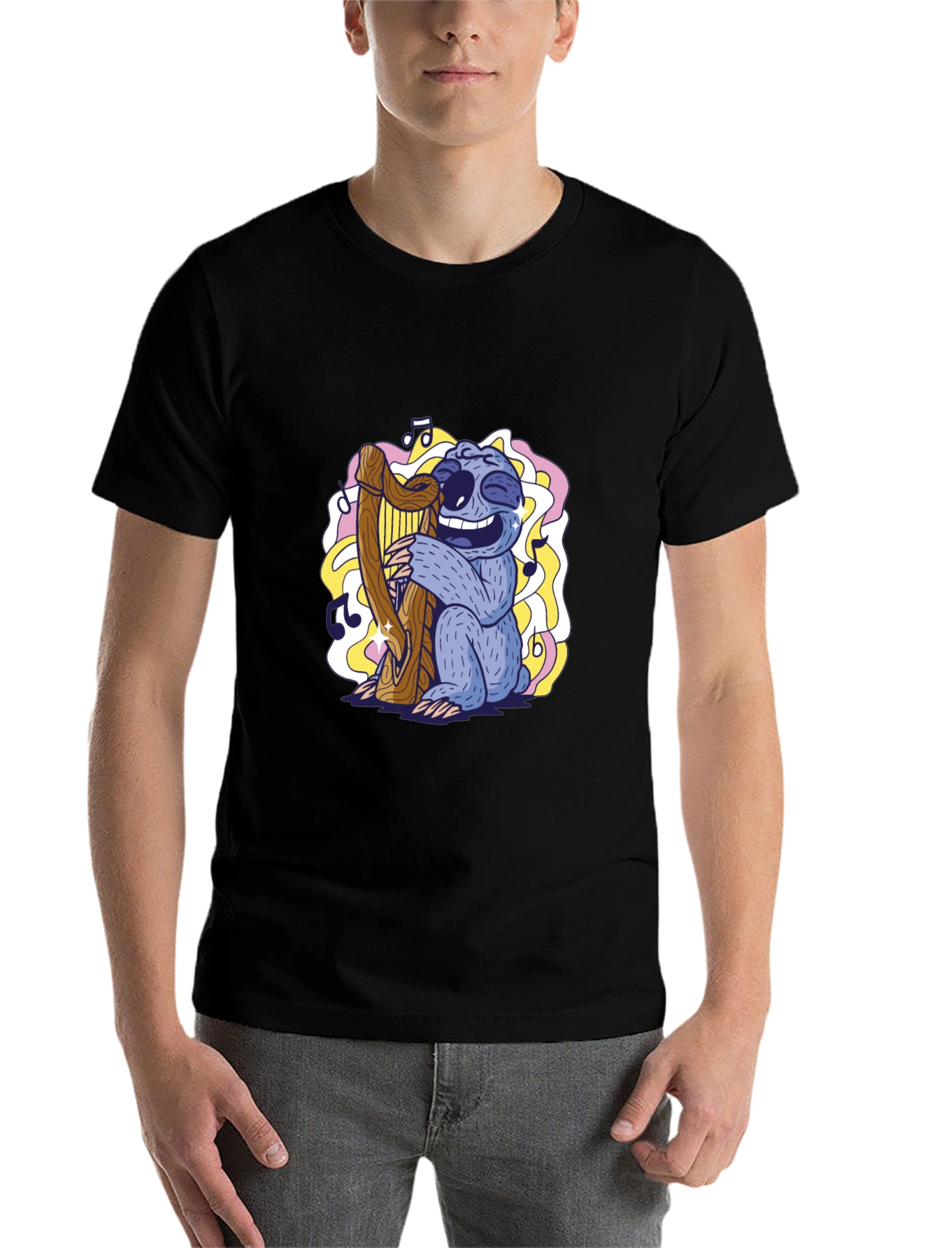 Black Sloth Harpist Graphic Tee - Fun Music Lover's Shirt view 7