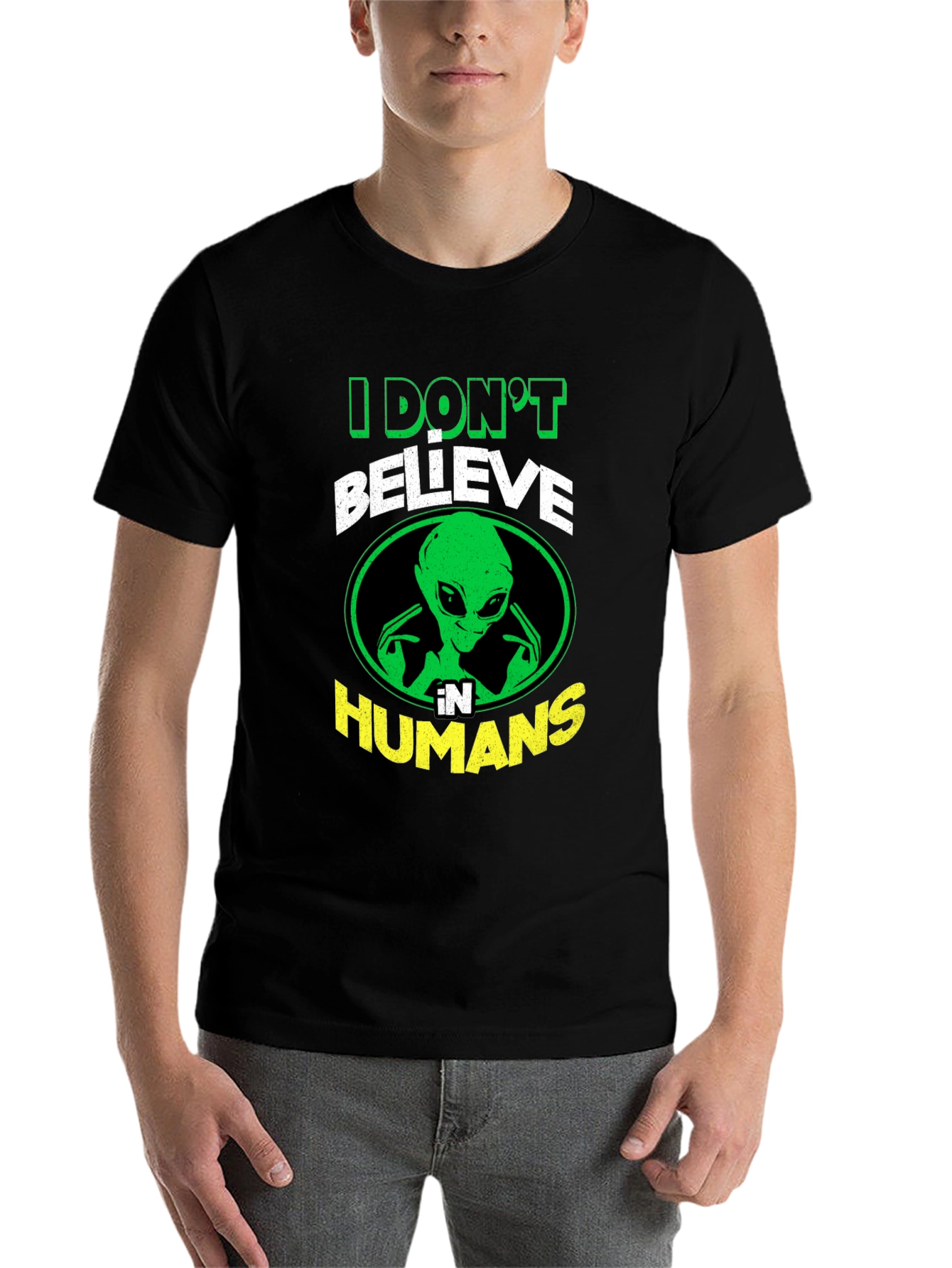Black I Don't Believe in Humans Alien Graphic T-Shirt view 7