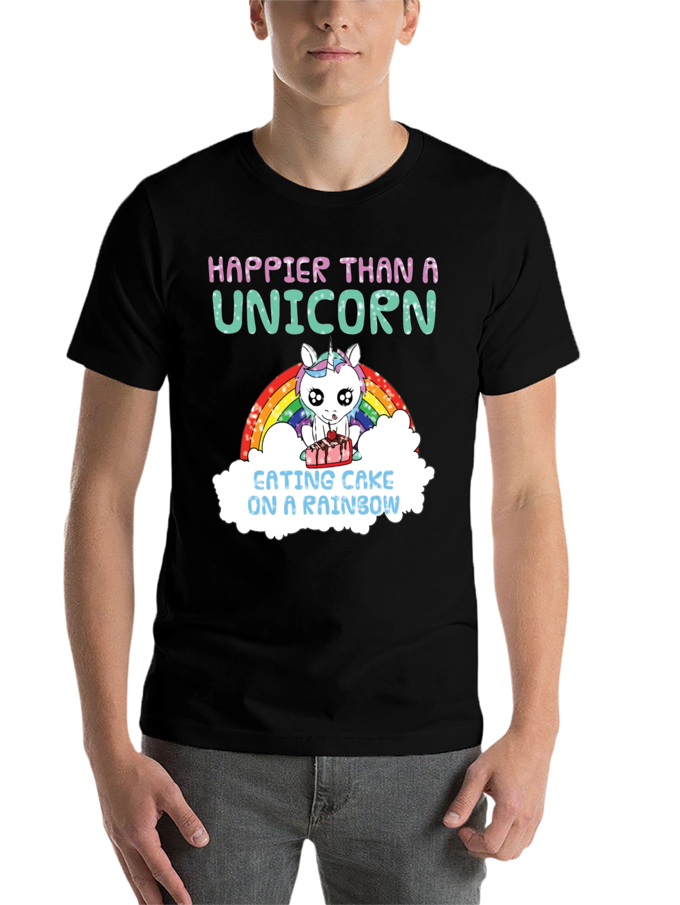 Black Happier Than A Unicorn Cake Rainbow T-Shirt view 7