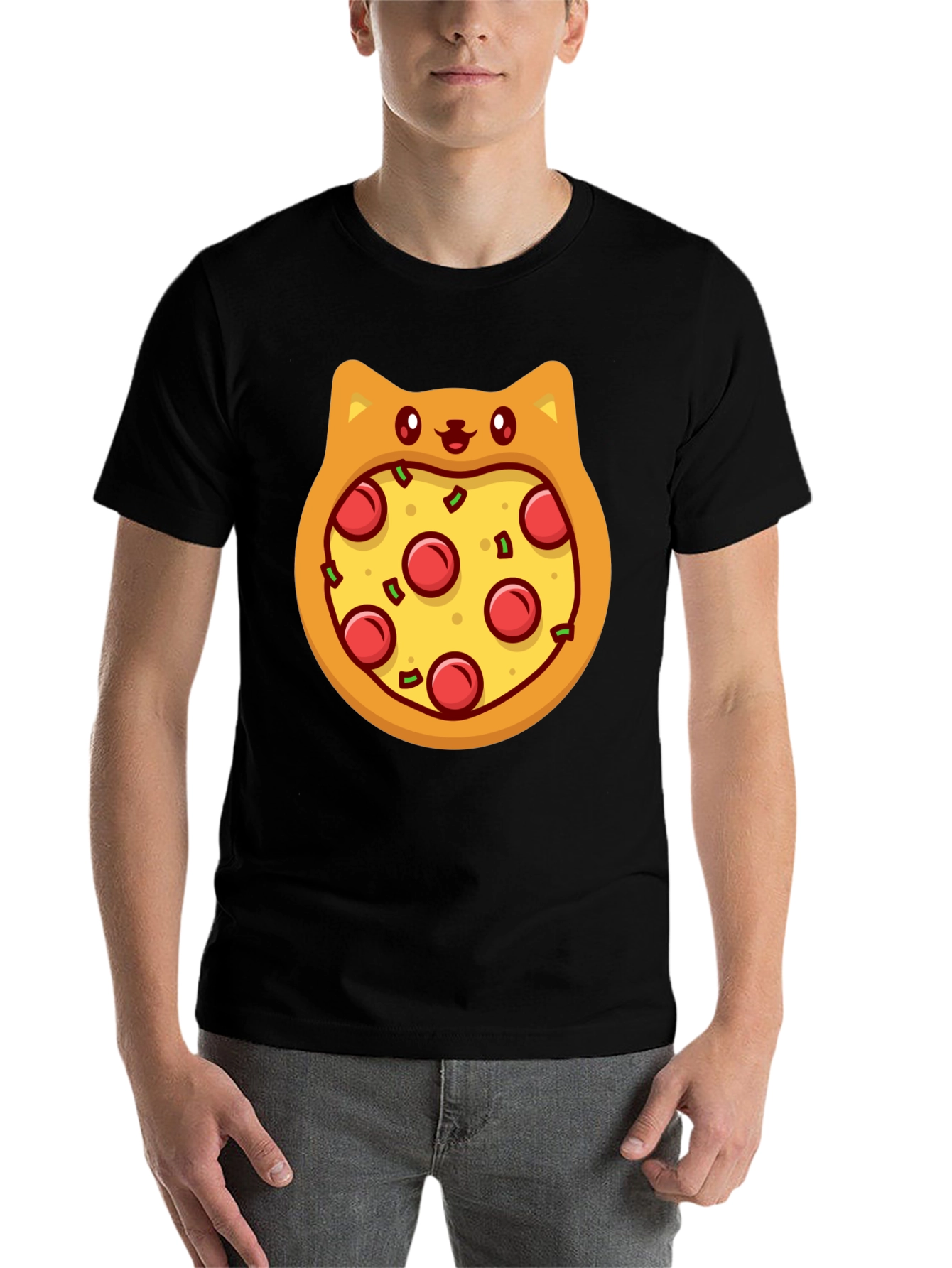 Black Pizza Cat T-Shirt - Novelty Graphic Tee view 7