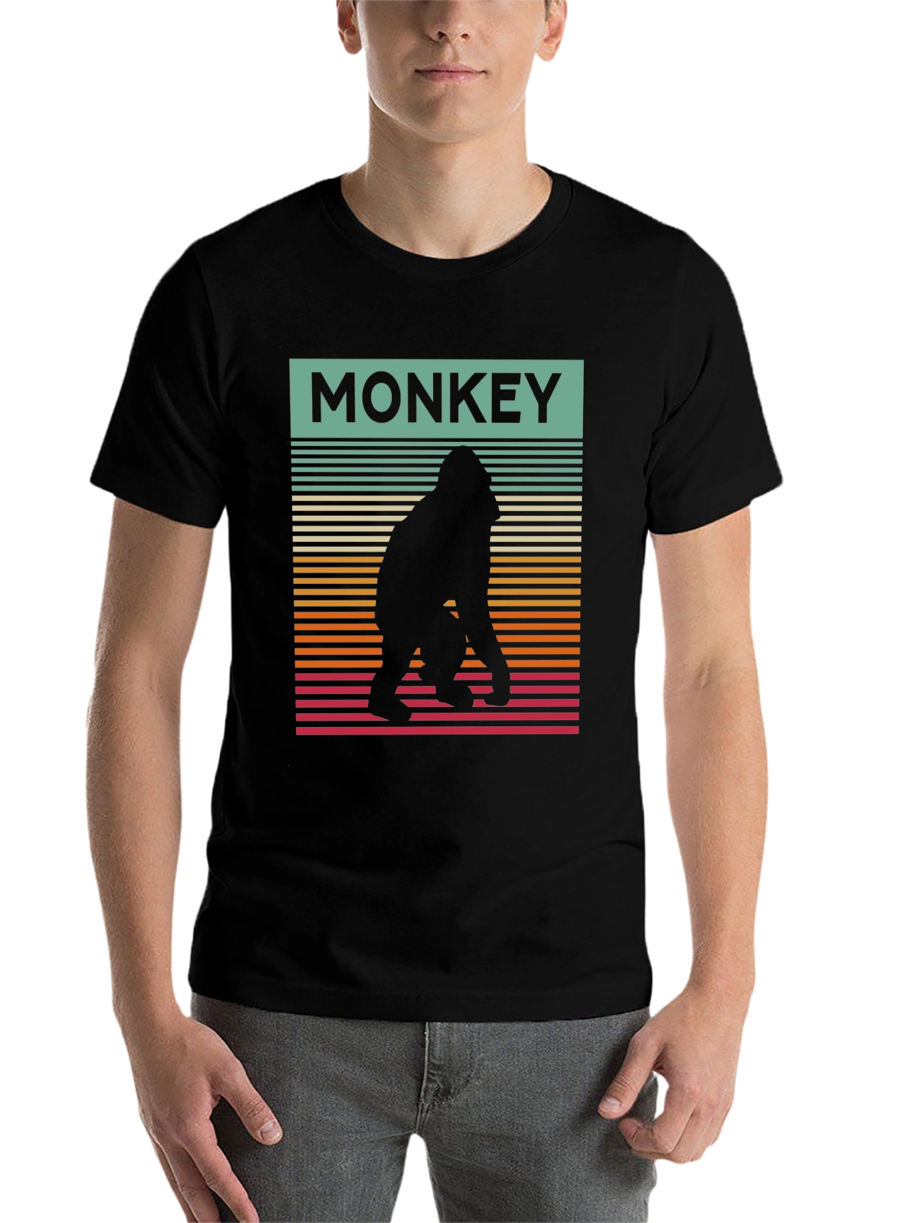 Black Retro Monkey Silhouette Graphic Tee - Cool Casual Wear view 7
